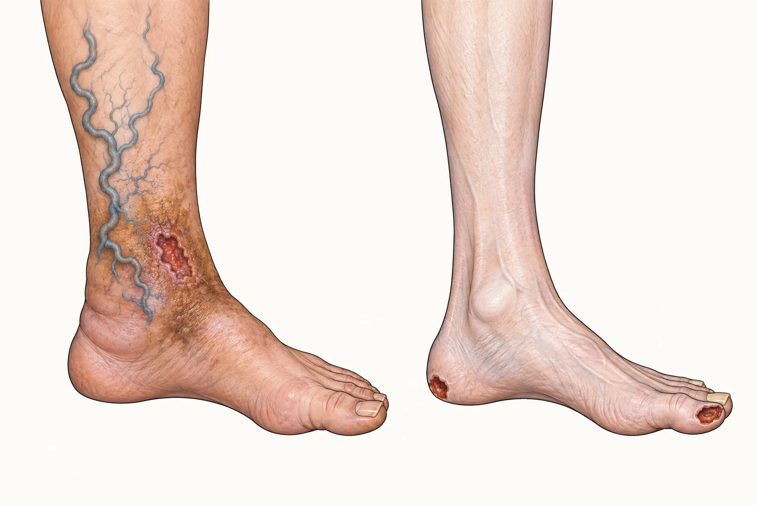Comparação entre perna com doença venosa crônica, com edema, pigmentação ocre no maléolo medial e úlcera rasa supramaleolar, e perna com doença arterial, com pele fina e brilhante e úlcera profunda de bordas nítidas em ponta de dedo e calcanhar.