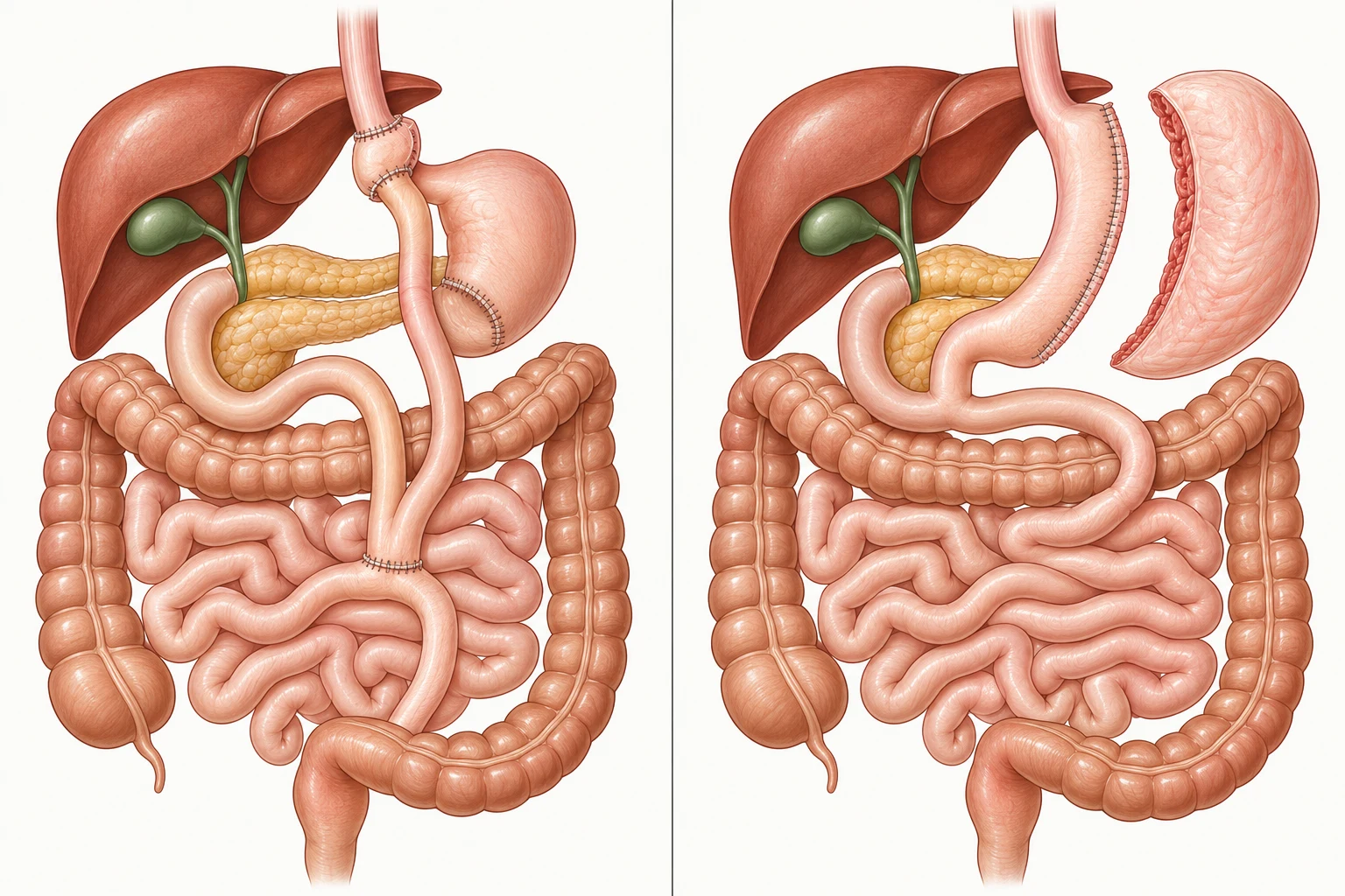 Desenho comparando o bypass gástrico em Y de Roux, com bolsa gástrica pequena e alças alimentar e biliopancreática, e a gastrectomia vertical, com o estômago afilado em tubo ao longo da pequena curvatura.