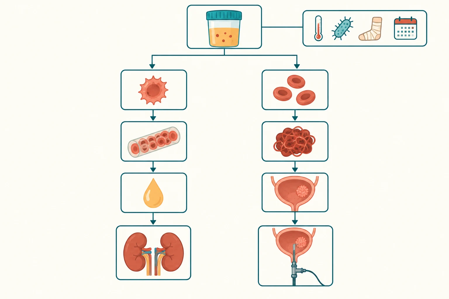 Árvore de decisão da hematúria: do achado urinário partem dois ramos, o glomerular com hemácias dismórficas, cilindros hemáticos e proteinúria terminando no rim, e o urológico com hemácias isomórficas, coágulos e lesão papilífera na parede vesical terminando na cistoscopia; ao lado, as causas benignas a descartar antes.