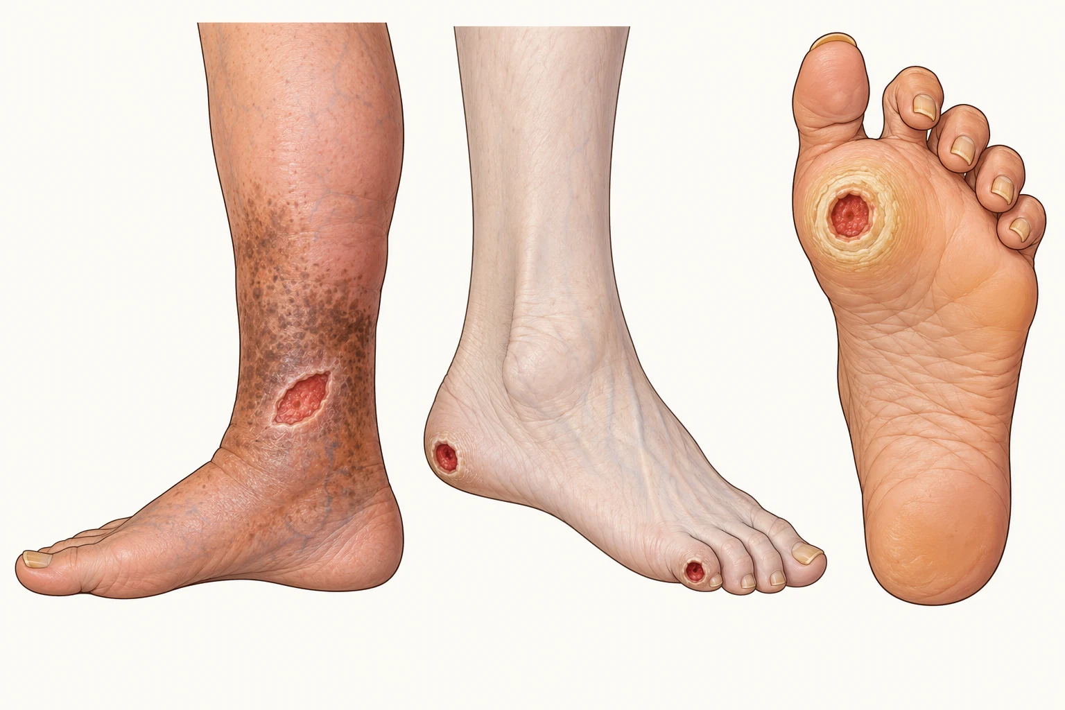 Três pernas lado a lado mostrando onde cada úlcera aparece: acima do maléolo medial, em perna edemaciada e pigmentada, na primeira; na ponta do quinto dedo e na borda do calcâneo, em pé pálido e sem pelos, na segunda; e sob a cabeça do primeiro metatarso, cercada por anel de calo e com dedos em garra, na terceira.
