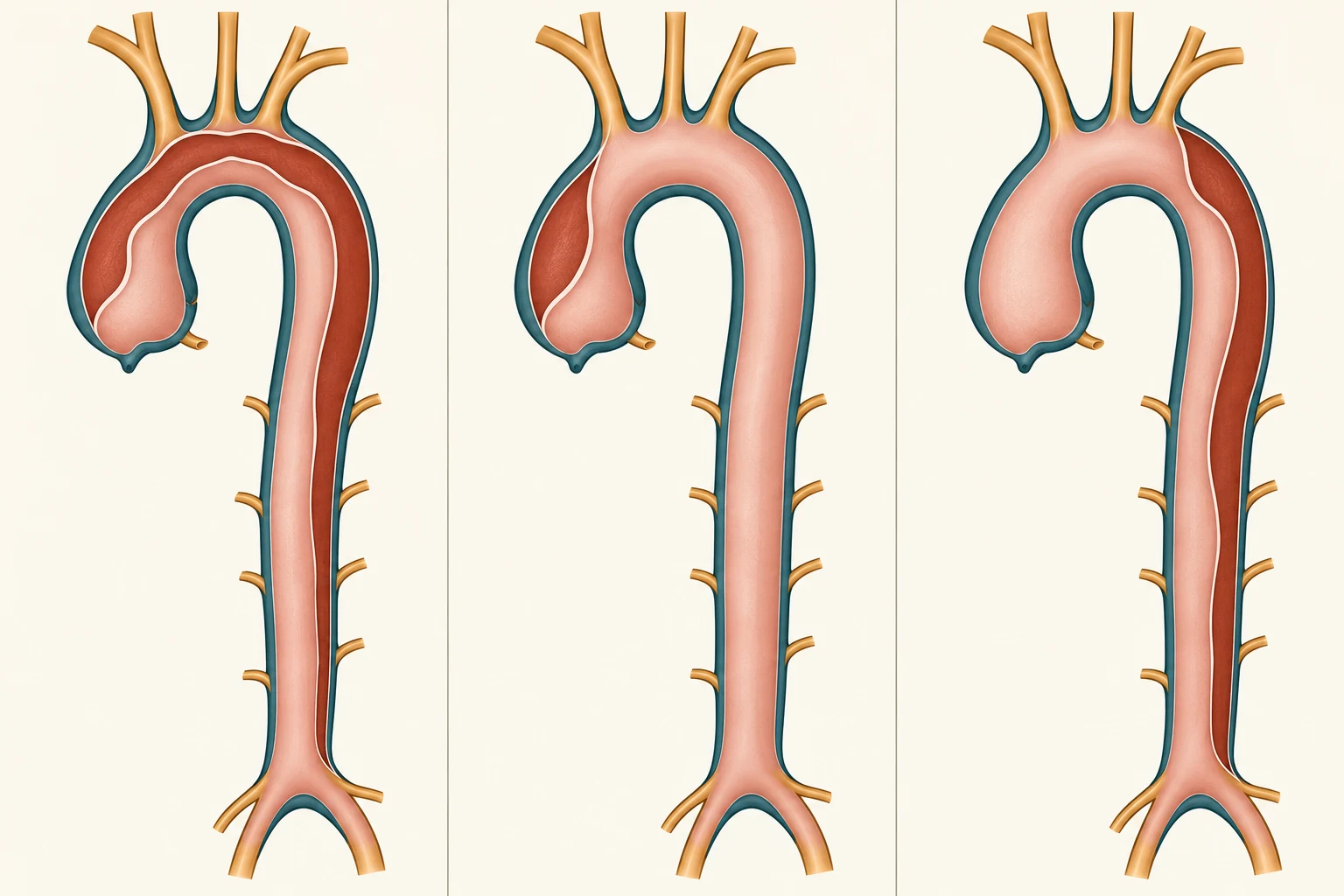 Ilustração da aorta torácica em três painéis: no primeiro, o retalho de dissecção percorre a aorta ascendente e o arco; no segundo, começa e termina na aorta ascendente; no terceiro, começa depois da artéria subclávia esquerda e desce pela aorta descendente.