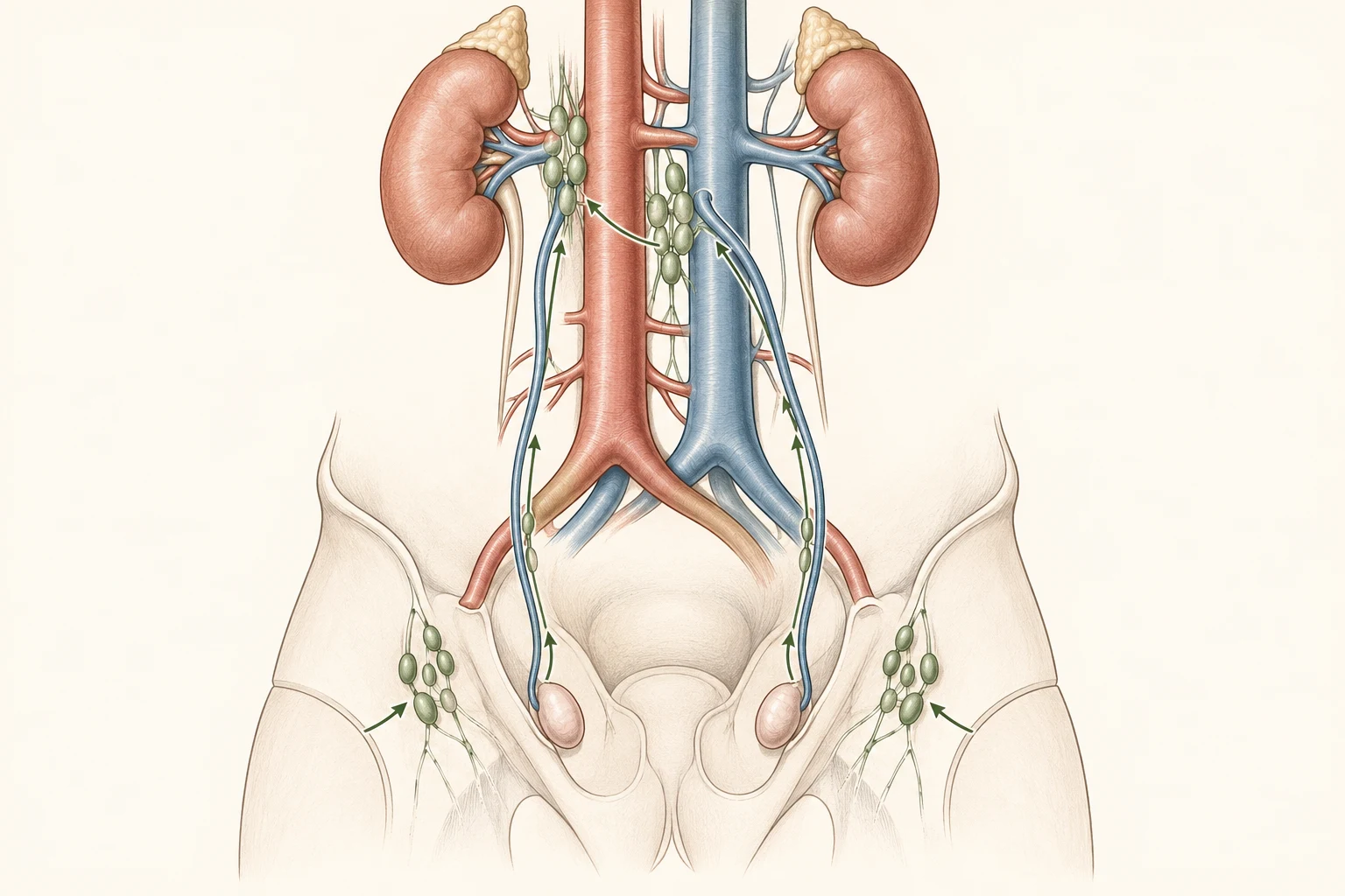 Esquema do retroperitônio mostrando aorta, veia cava e veias gonadais, com setas ascendentes de cada testículo até grupos de linfonodos distintos, e setas separadas da pele do escroto até linfonodos inguinais.