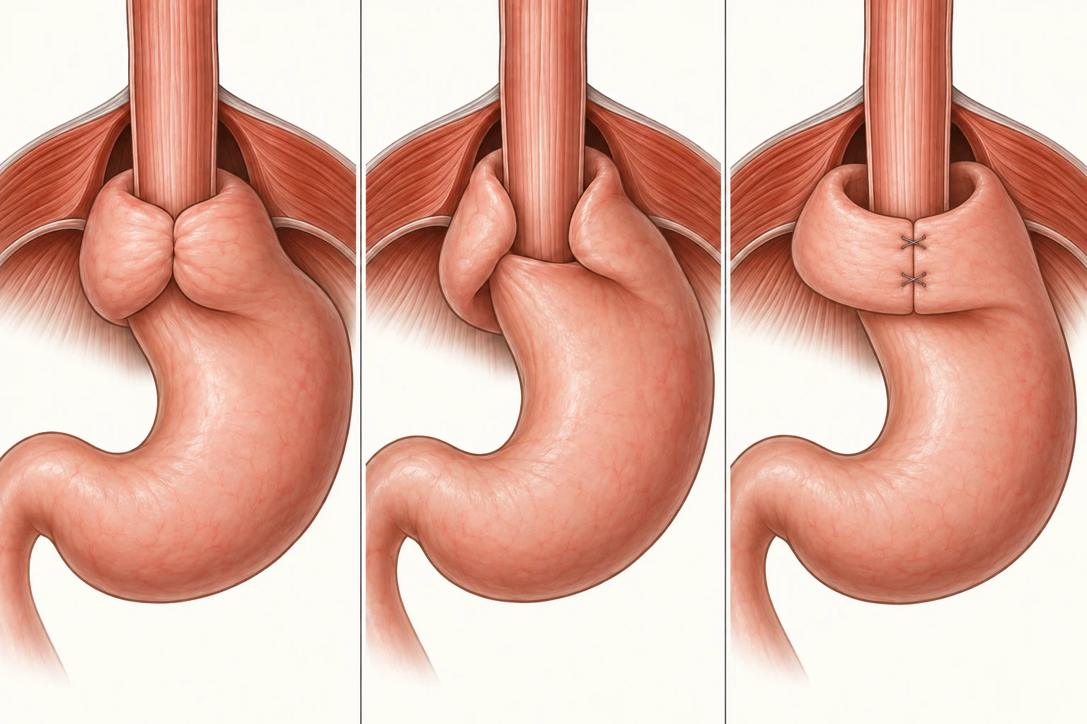 Esquema comparando três modos de dobrar o fundo gástrico em torno do esôfago distal: volta completa, dobra posterior parcial e dobra anterior parcial, com os pilares diafragmáticos ao fundo.