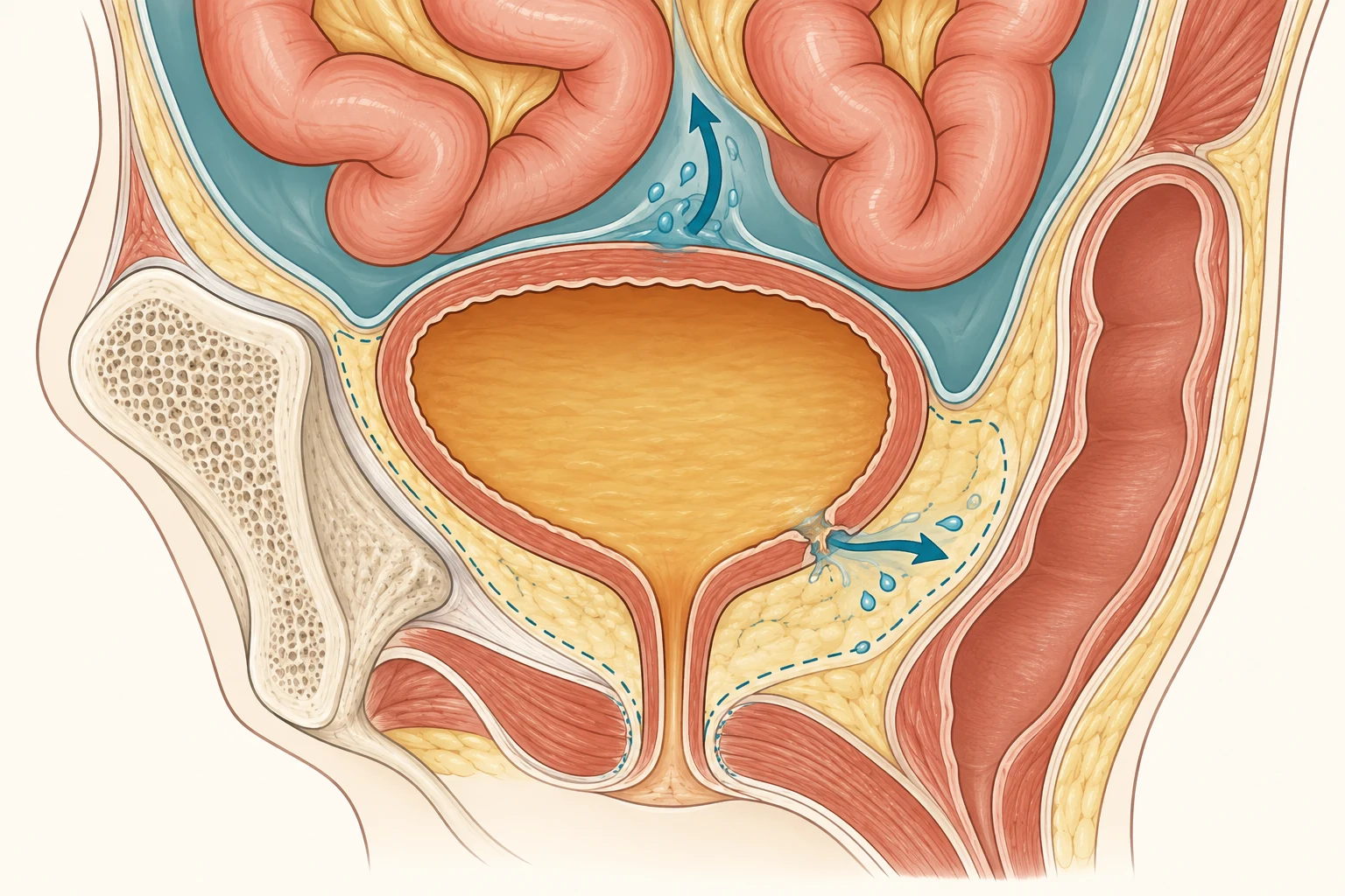 Corte esquematico da pelve mostrando a bexiga: a cupula recoberta pela membrana peritoneal e a porcao inferior fora dela, com duas setas indicando para onde a urina escapa em cada caso.