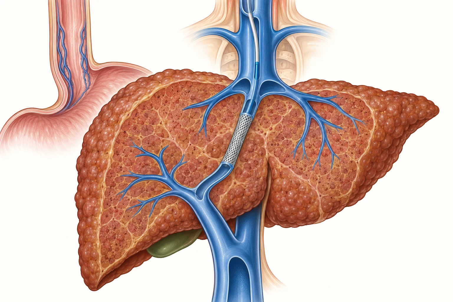 Corte coronal de fígado cirrótico nodular com uma prótese tubular atravessando o parênquima entre um ramo da veia porta e uma veia hepática, formando um desvio portossistêmico; o cateter chega pela veia jugular interna e veia cava superior, e as colaterais do esôfago aparecem descomprimidas.