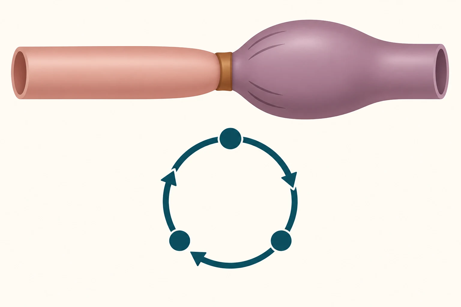 Esquema: um tubo cilíndrico apertado no meio por uma faixa circunferencial escura, com a extremidade distal à faixa muito dilatada e tensa; abaixo, uma seta circular fechada com três espessamentos ao longo do percurso.