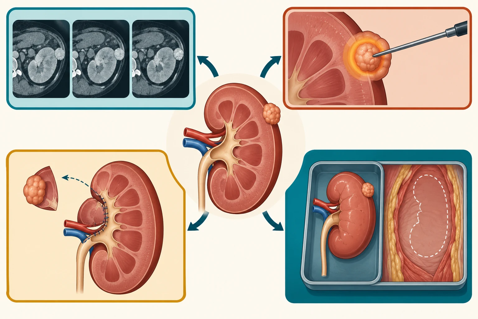 Esquema de decisão para uma massa renal, mostrando um rim com pequena lesão cortical e quatro caminhos possíveis: vigilância, ablação, nefrectomia parcial e nefrectomia radical, escolhidos conforme tamanho, complexidade e condição clínica.