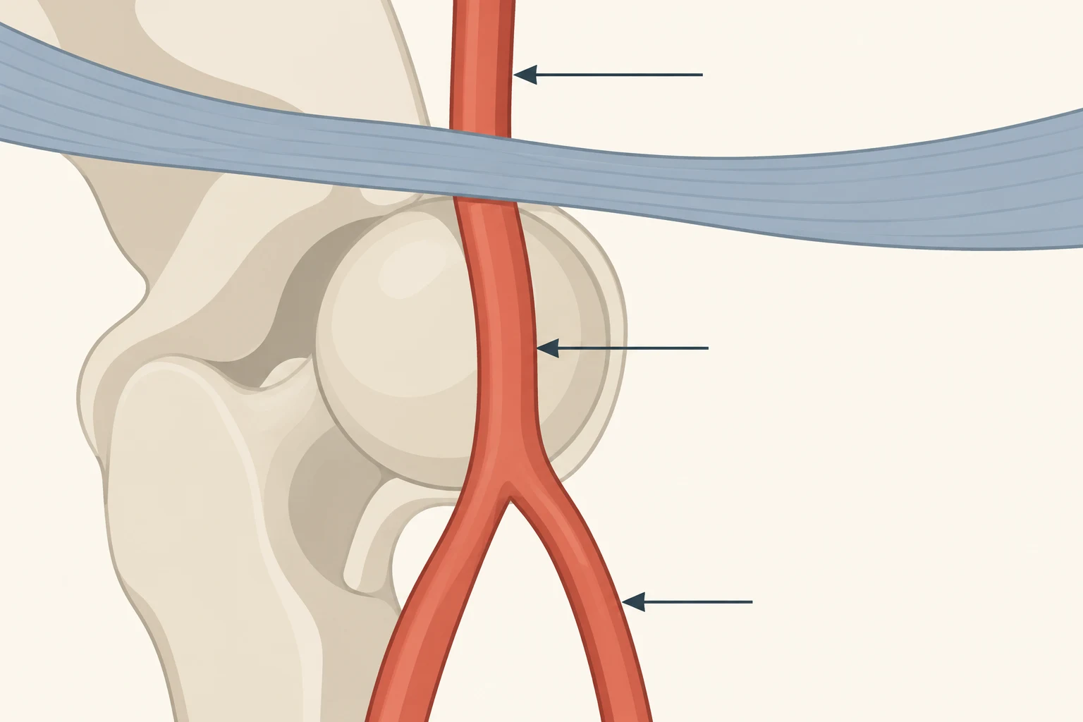 Esquema frontal da virilha: uma faixa horizontal representando o ligamento inguinal, um círculo ósseo logo abaixo, e um tronco arterial que passa sobre o osso antes de se dividir em dois ramos; três setas apontam para o vaso em três alturas — acima da faixa, sobre o osso e abaixo da divisão.