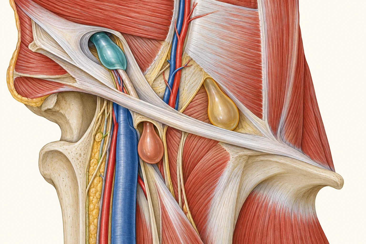 Ilustração da região inguinal direita mostrando o orifício miopectíneo com suas três saídas: o anel inguinal profundo lateral aos vasos epigástricos inferiores, o triângulo de Hesselbach medial a eles e o canal femoral abaixo do ligamento inguinal.
