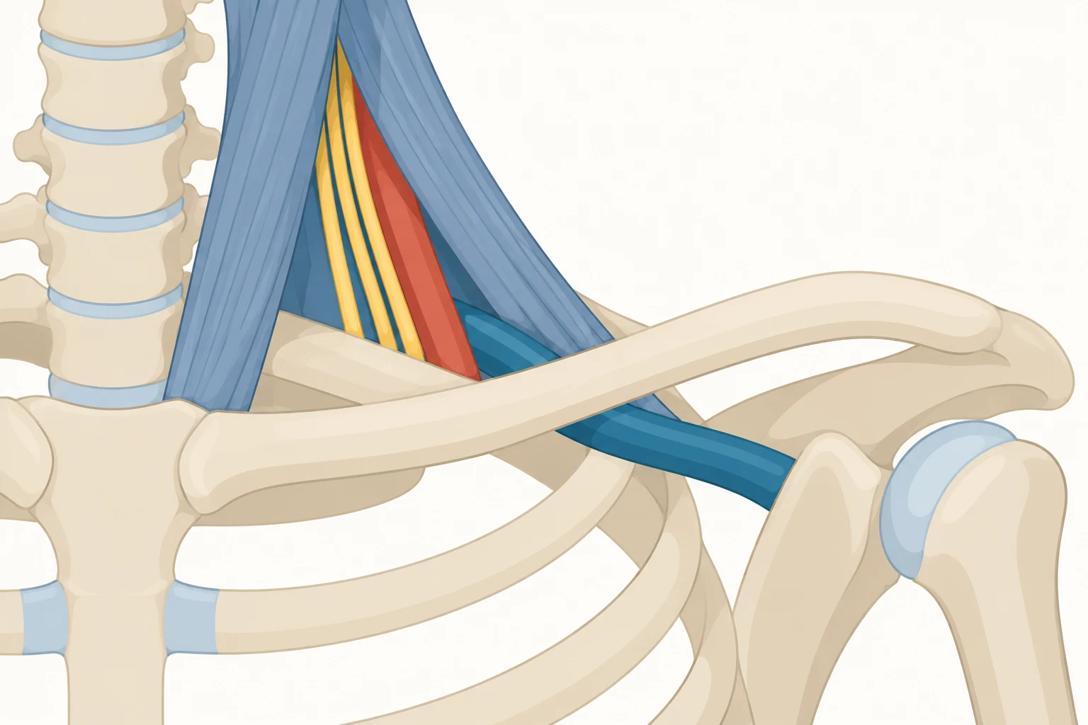 Esquema frontal: duas faixas musculares paralelas formam um espaço triangular apoiado sobre uma barra óssea horizontal; dentro do triângulo correm um feixe de cordões nervosos e um tubo arterial, enquanto um tubo venoso passa por fora e à frente da faixa muscular anterior, atravessando a fenda entre a barra óssea inferior e uma segunda barra óssea acima.