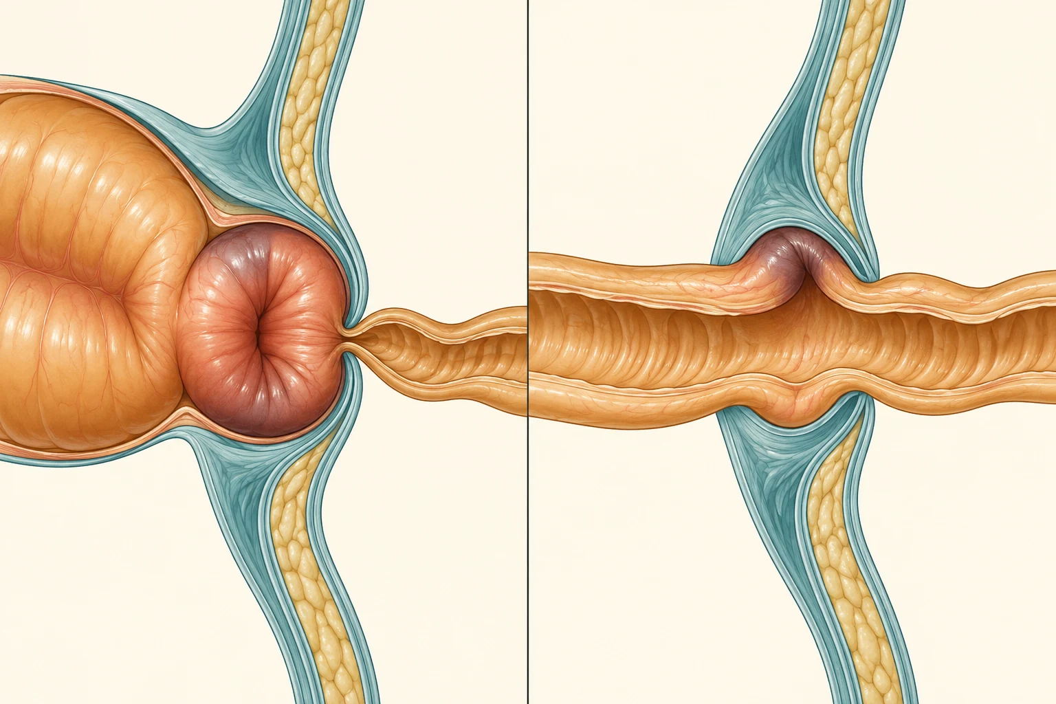 Dois cortes esquemáticos do colo de uma hérnia: à esquerda, toda a circunferência da alça está presa no anel, com distensão a montante; à direita, apenas a borda antimesentérica está pinçada, com a luz intestinal livre.