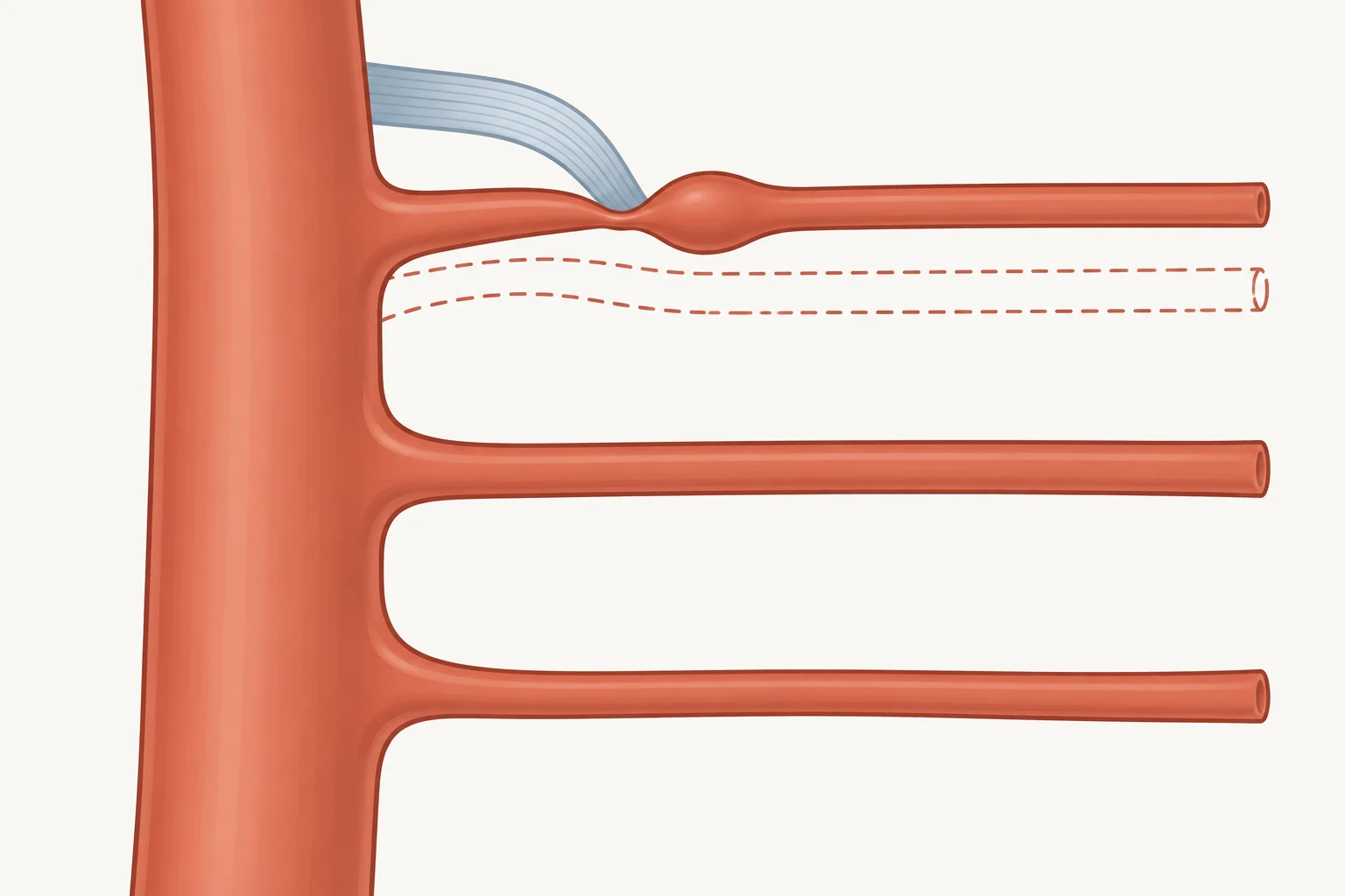 Corte sagital esquemático: um grande vaso vertical emite três ramos horizontais; uma faixa fibrosa curva-se em arco sobre a origem do ramo mais alto, afunilando-o e deixando um pequeno alargamento logo além. O mesmo ramo aparece repetido em contorno tracejado, deslocado para baixo, com a origem livre do arco e calibre uniforme.