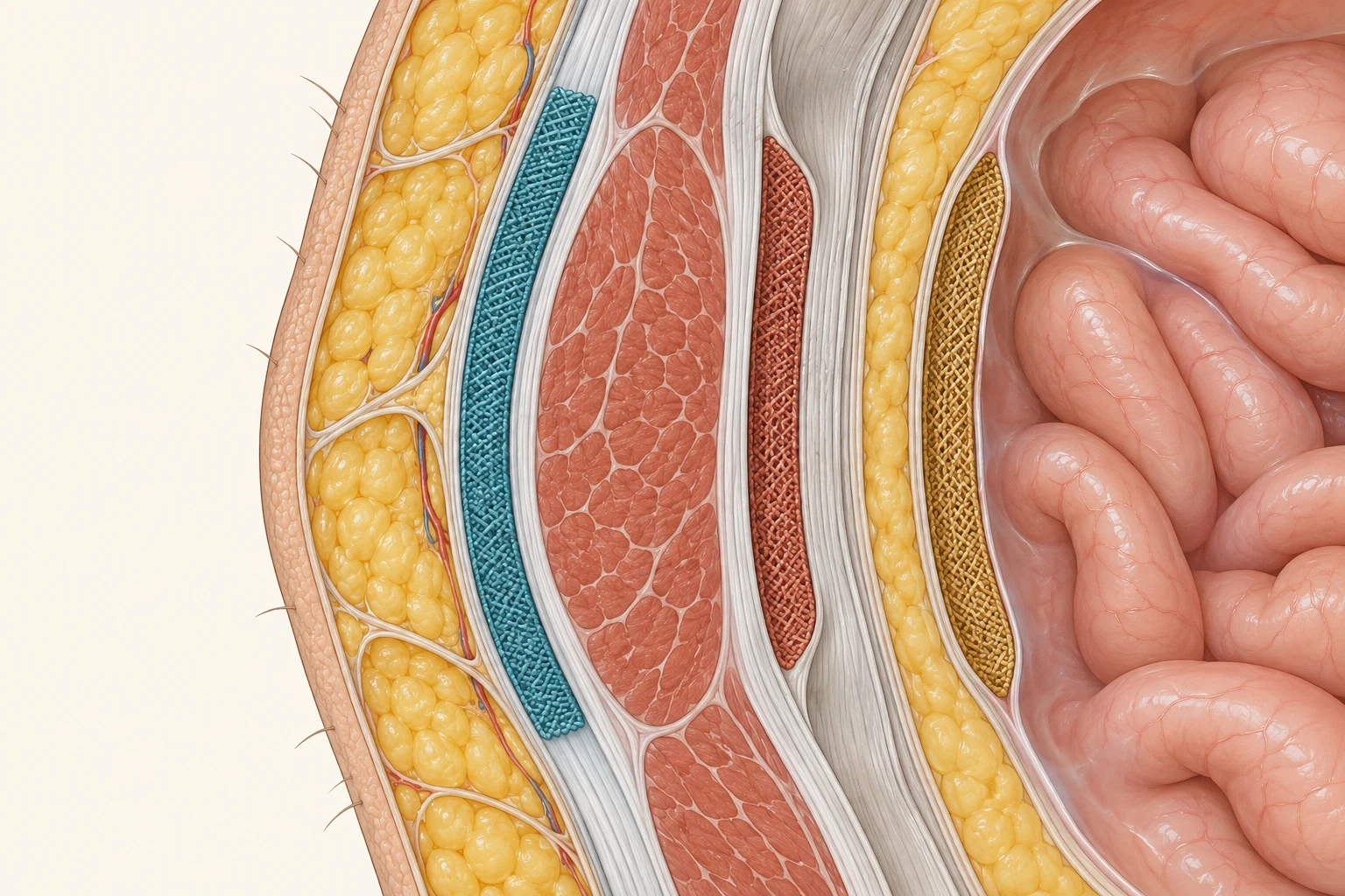 Corte transversal da parede abdominal anterior mostrando as camadas da pele ao peritônio e três posições possíveis para a tela: sobre a aponeurose anterior, atrás do músculo reto e dentro da cavidade.