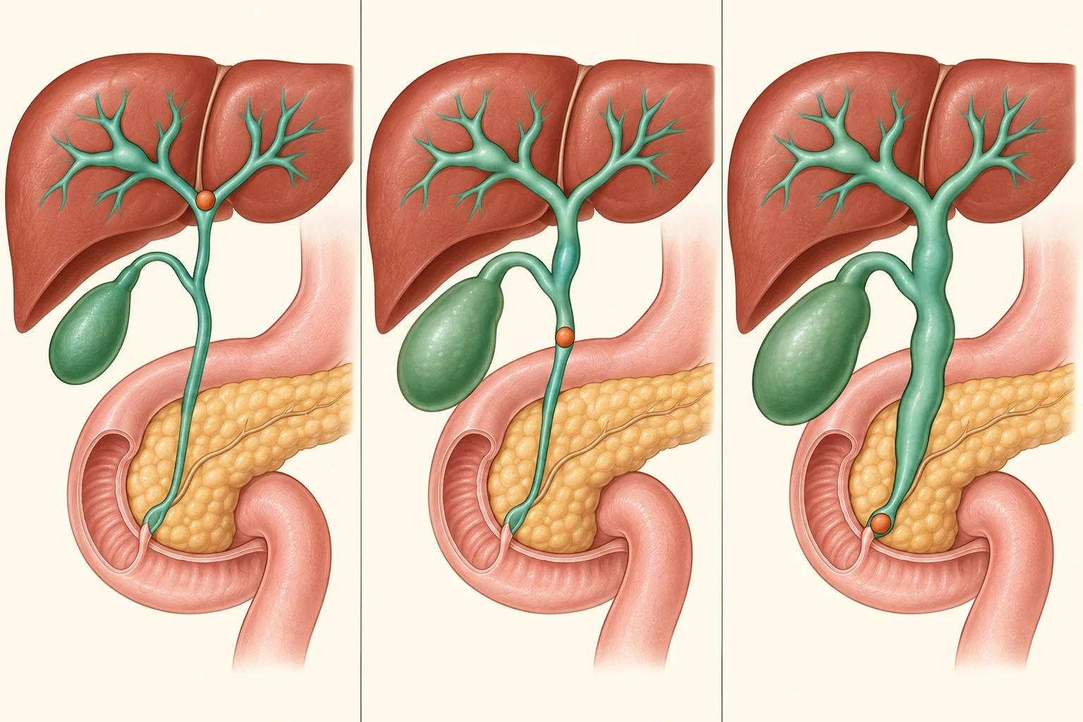 Esquema da árvore biliar com os três níveis de obstrução — hilar, médio e periampular — e a dilatação que cada um produz acima do ponto obstruído.