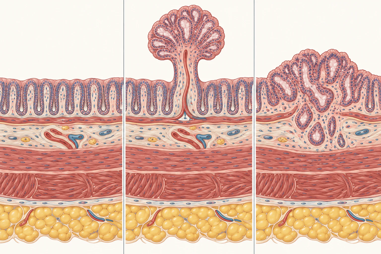 Corte da parede do cólon em três momentos: mucosa normal, pólipo adenomatoso pediculado com parede muscular íntegra e lesão séssil que rompeu a muscular da mucosa e infiltra a submucosa.