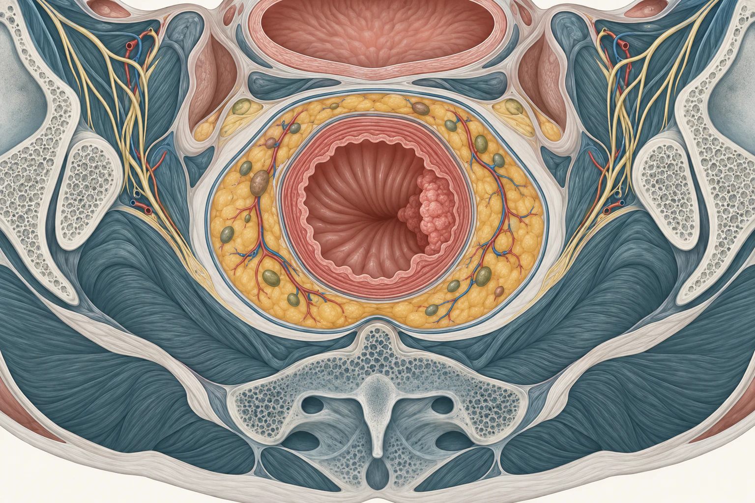 Corte axial da pelve no reto médio: o reto ao centro com tumor em uma das paredes, envolvido pelo mesorreto gorduroso com linfonodos e vasos, delimitado pela fáscia mesorretal íntegra, e o plano avascular de dissecção logo por fora dela.