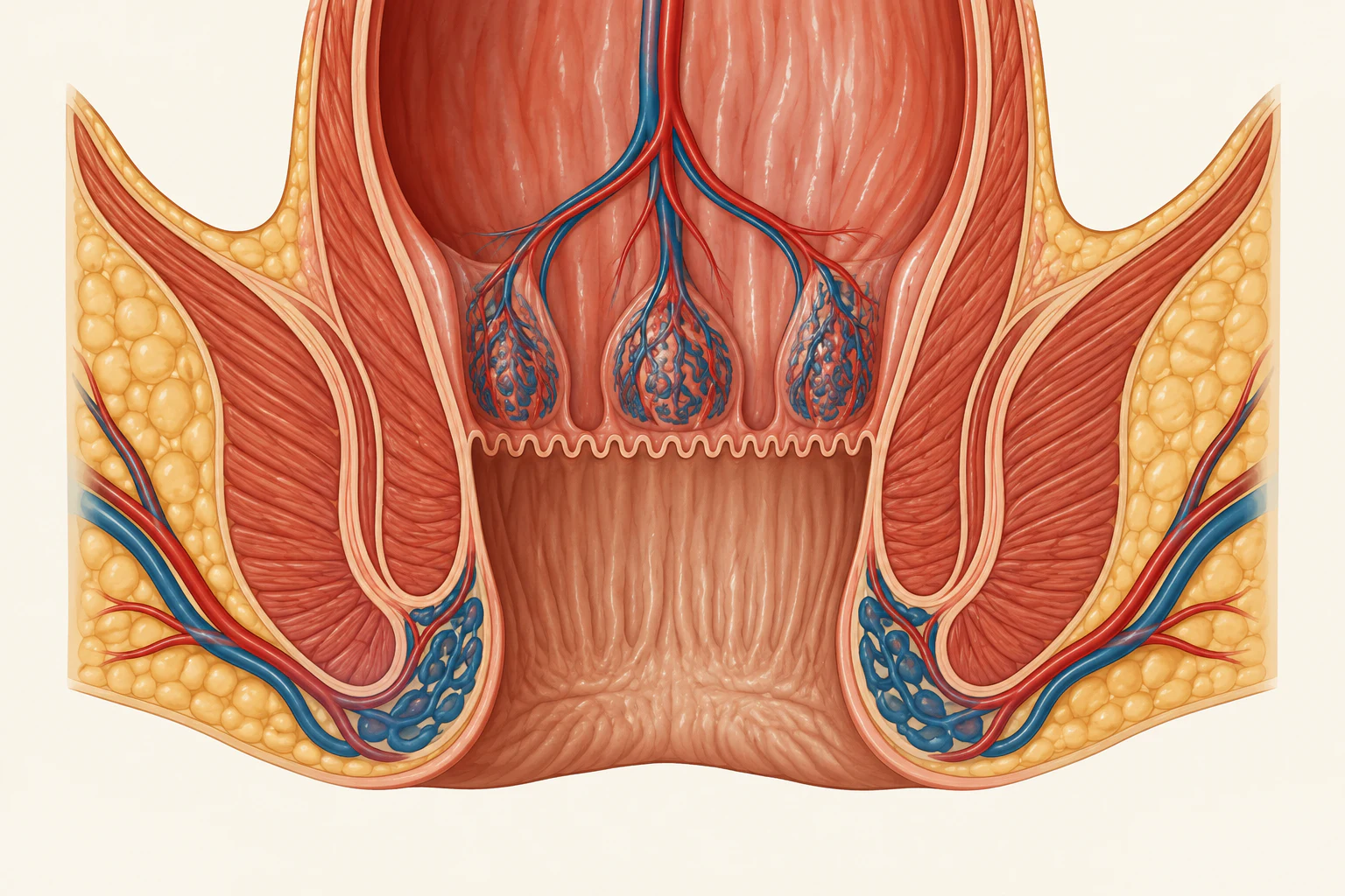 Corte longitudinal do canal anal mostrando a linha pectínea, o plexo hemorroidário interno acima dela e o plexo externo abaixo, com os esfíncteres interno e externo.