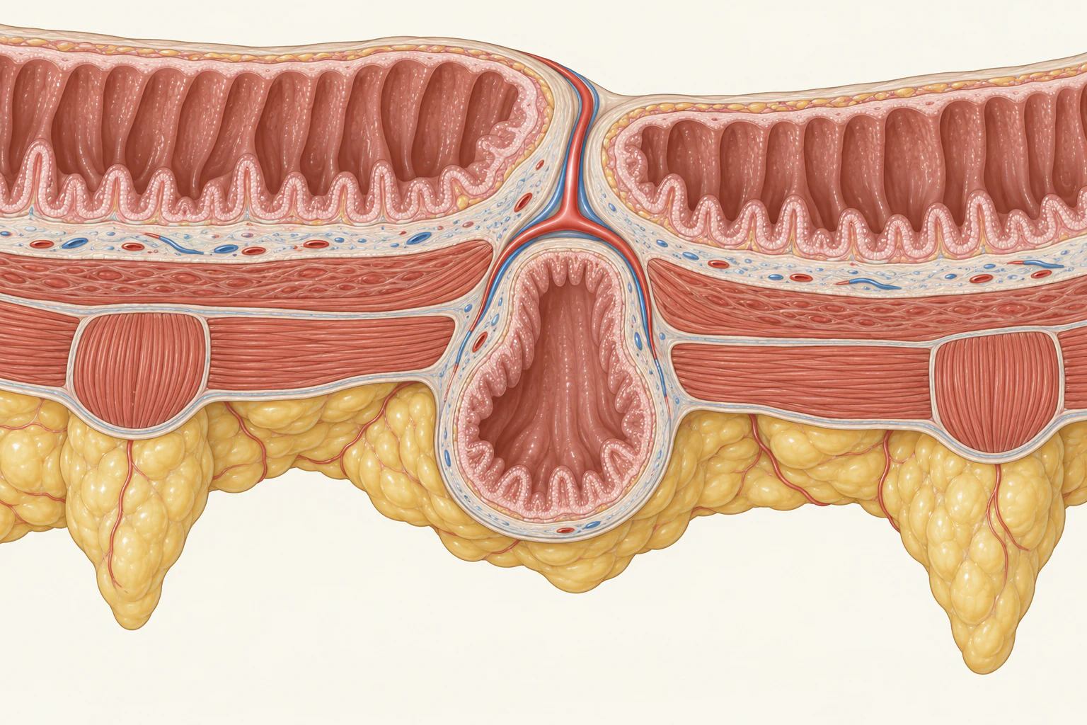 Corte da parede do cólon sigmoide com um divertículo falso: mucosa e submucosa herniam através de uma falha da camada muscular, no ponto de passagem da vasa recta, que fica esticada sobre a cúpula do saco diverticular.