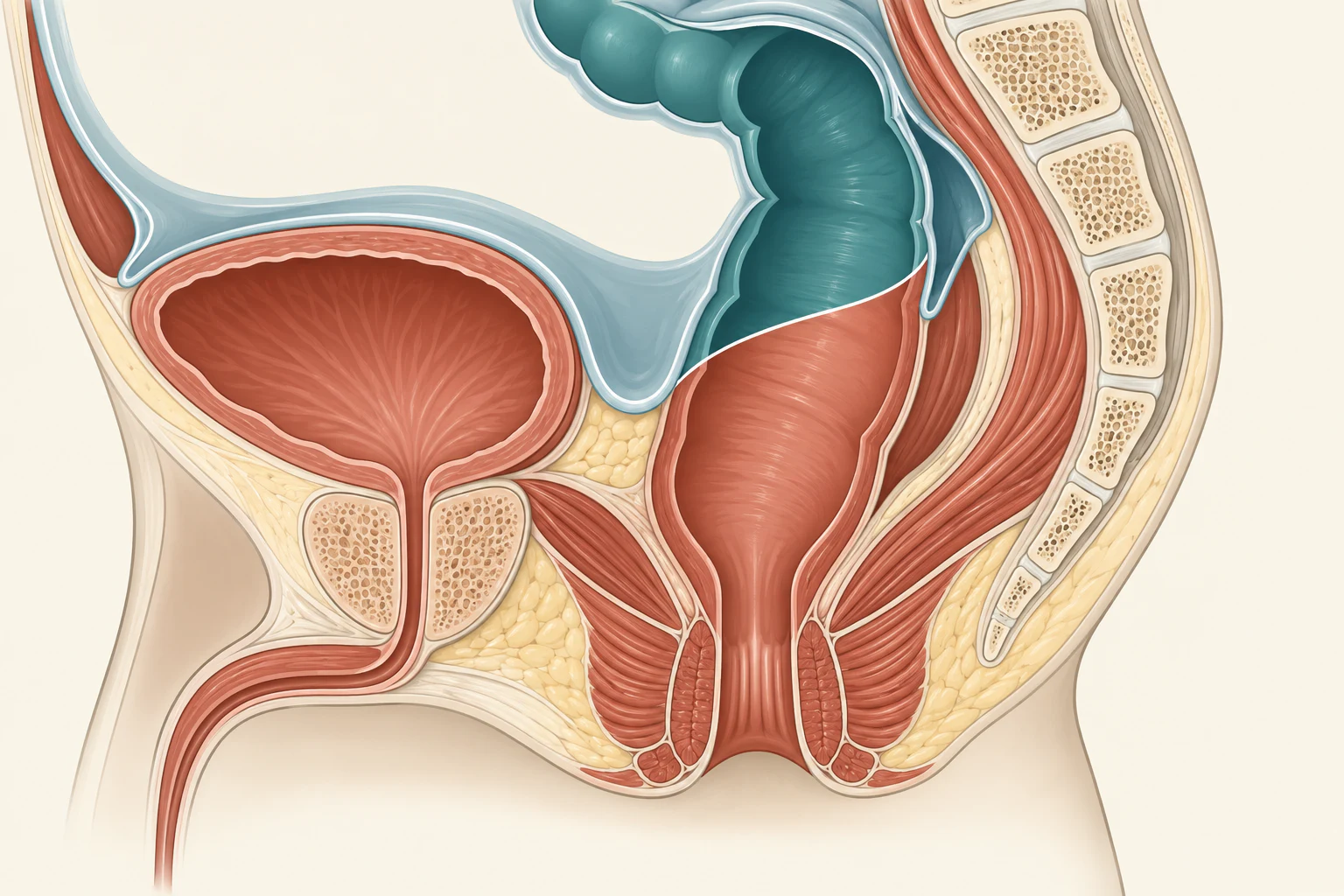 Corte sagital da pelve mostrando o reto e a membrana peritoneal, que desce mais à frente do que atrás: os dois terços superiores da parede anterior e apenas o terço superior da parede posterior ficam dentro da cavidade peritoneal, e a fronteira entre as duas porções é uma linha oblíqua.