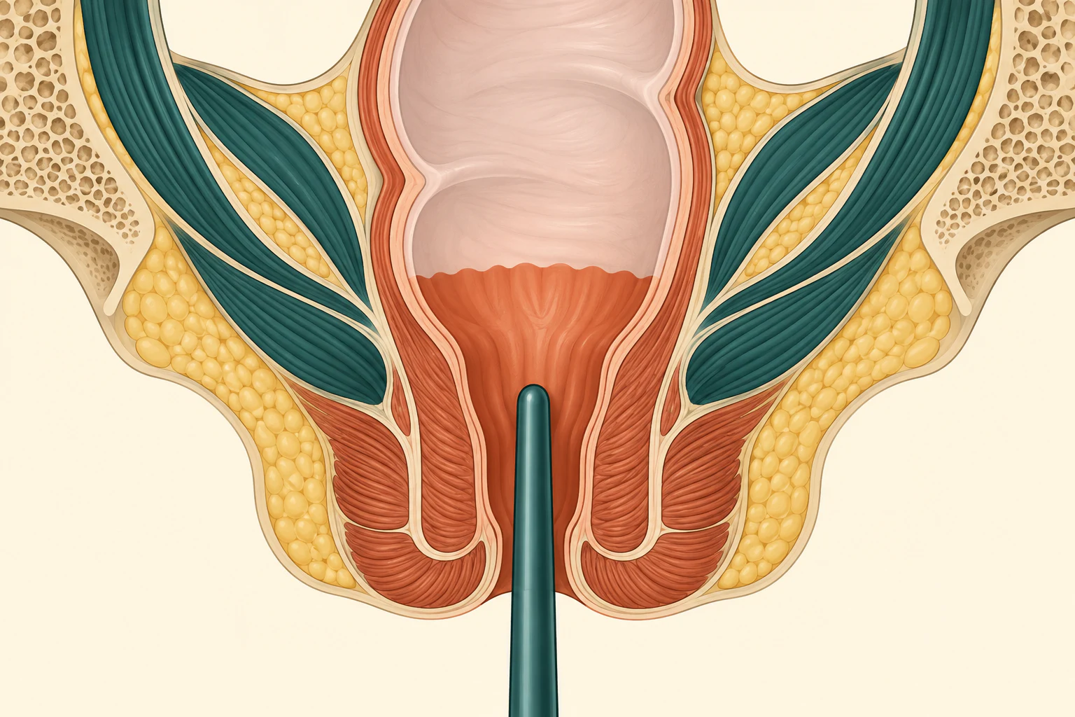 Corte sagital esquemático da pelve com o reto e o canal anal, uma faixa sombreada marcando o segmento alcançado pelo dedo a partir da margem anal e o trecho proximal esmaecido, fora do alcance.