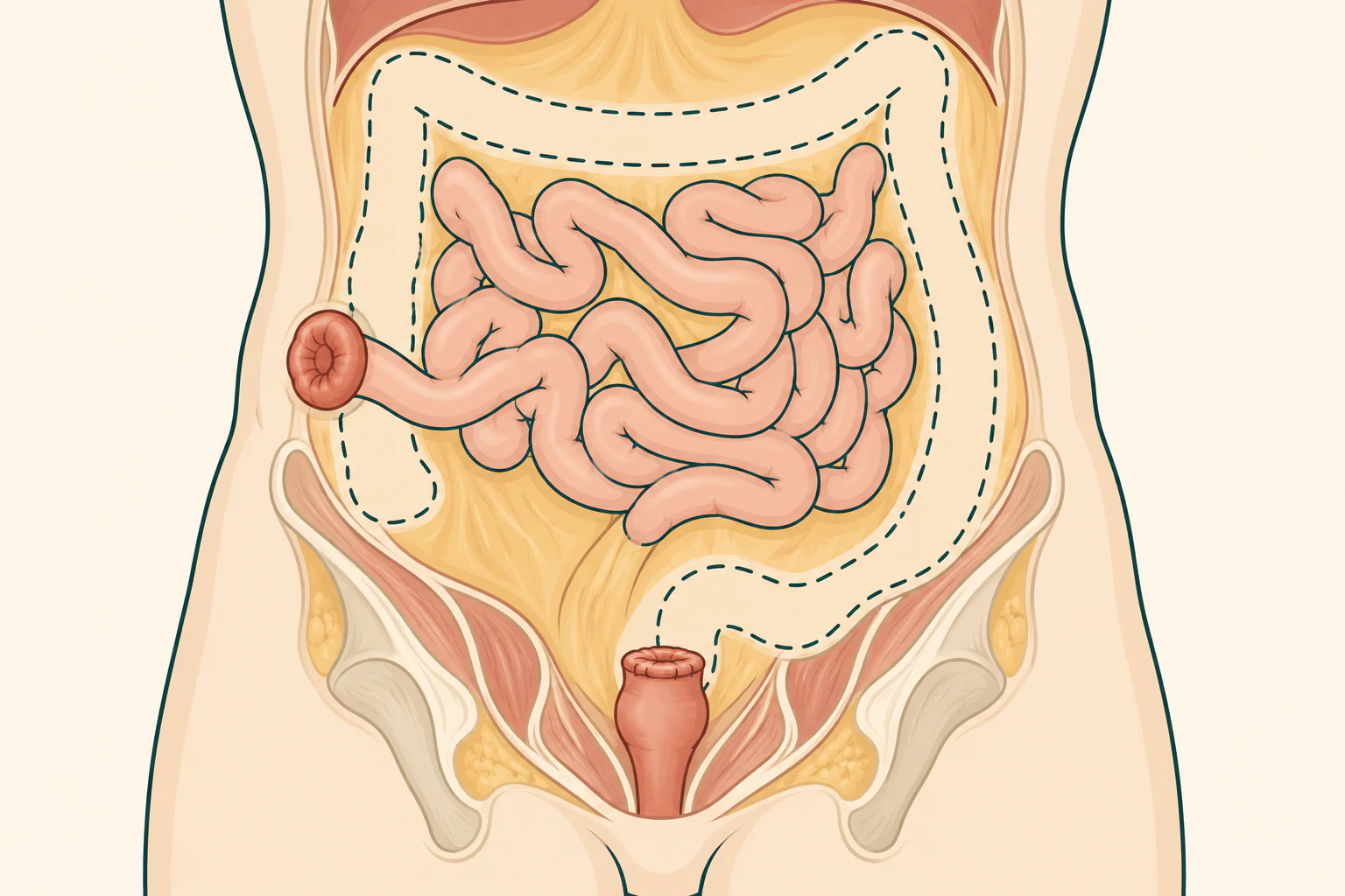 Esquema do abdome após a retirada do cólon: o íleo terminal exteriorizado como estoma na parede abdominal e o coto retal fechado deixado na pelve, com o contorno tracejado do cólon retirado.