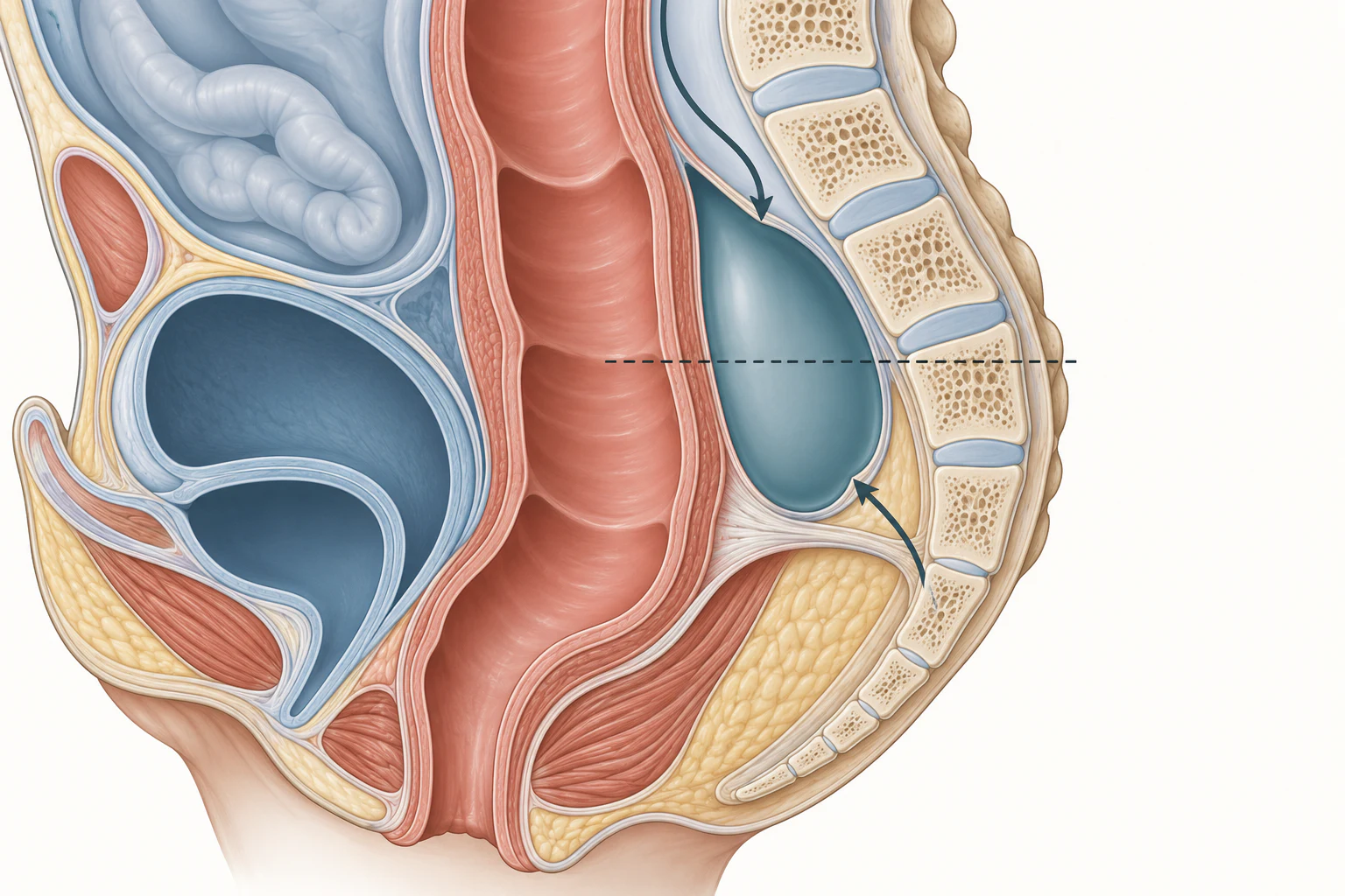Corte sagital esquemático da pelve mostrando o espaço retrorretal entre a parede posterior do reto e o sacro, com uma lesão cística ocupando o espaço, a linha de referência do terceiro segmento sacral marcada por tracejado e duas setas indicando a via de acesso posterior abaixo dessa linha e a via abdominal acima dela.