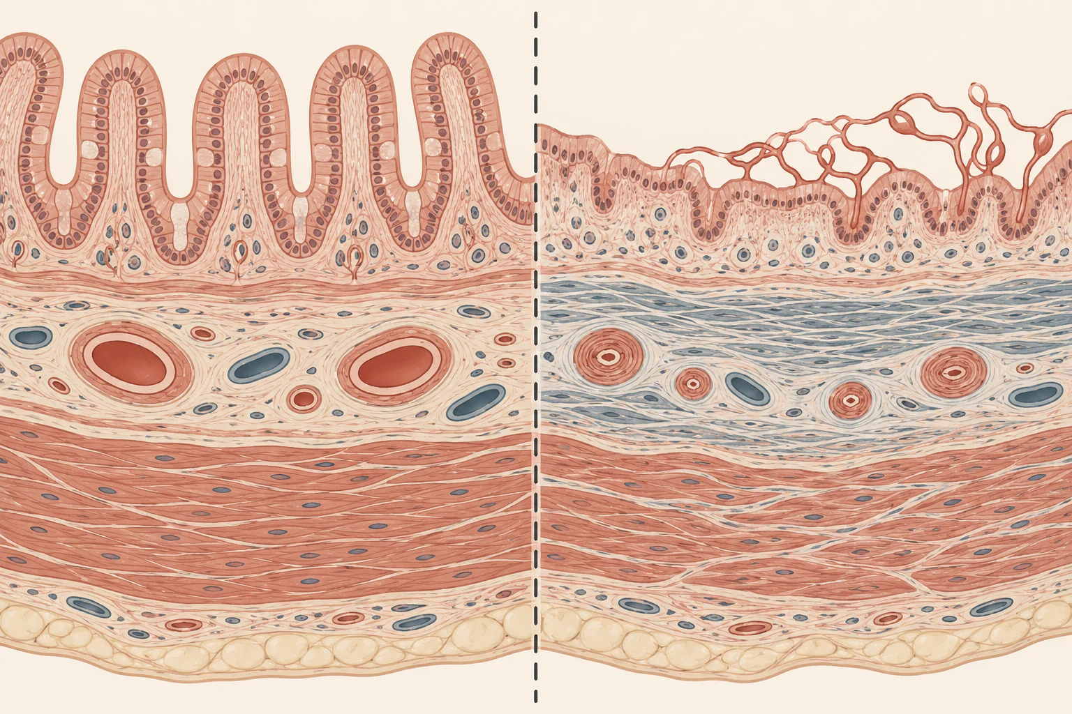 Corte transversal esquemático da parede do reto irradiado, comparando o lado normal e o lado lesado: no lado lesado, arteríolas da submucosa com paredes espessadas e luz estreitada, faixa de fibrose, mucosa adelgaçada e vasos finos e tortuosos na superfície voltada para a luz.