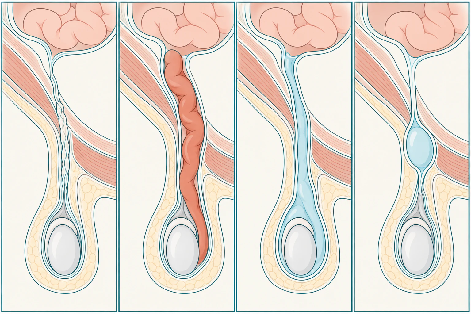 Esquema do canal inguinal do lactente em quatro variantes: conduto peritoniovaginal fechado com testículo na bolsa, conduto largo com alça intestinal, conduto estreito com líquido e conduto pérvio apenas no trecho médio formando cisto de cordão.