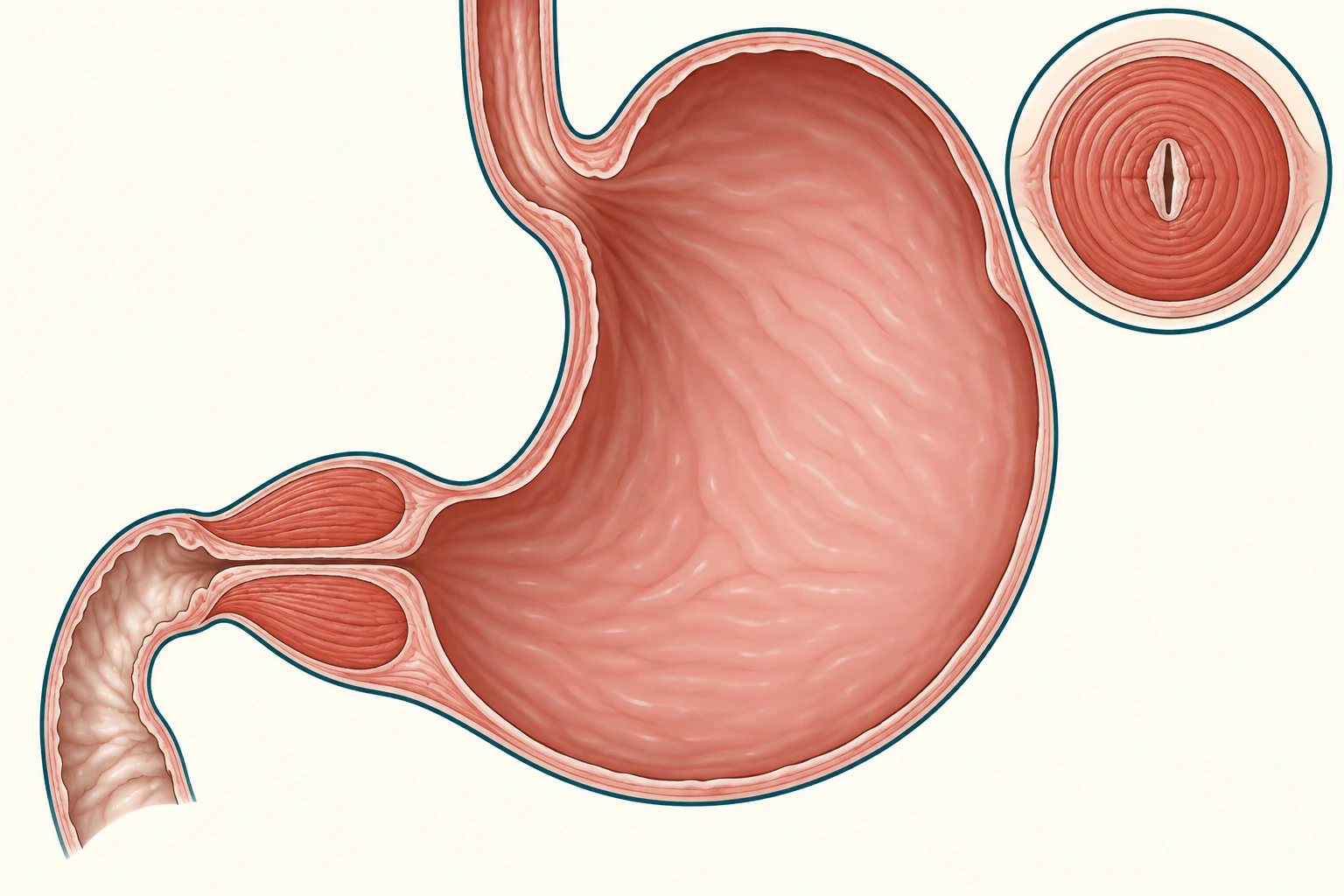 Corte do estômago de um lactente: o estômago aparece dilatado, o piloro tem a camada muscular espessada formando um canal longo e estreito, e o duodeno depois dele está vazio e colabado; num detalhe ao lado, o mesmo piloro em corte transversal, em forma de anel espesso com luz mínima.