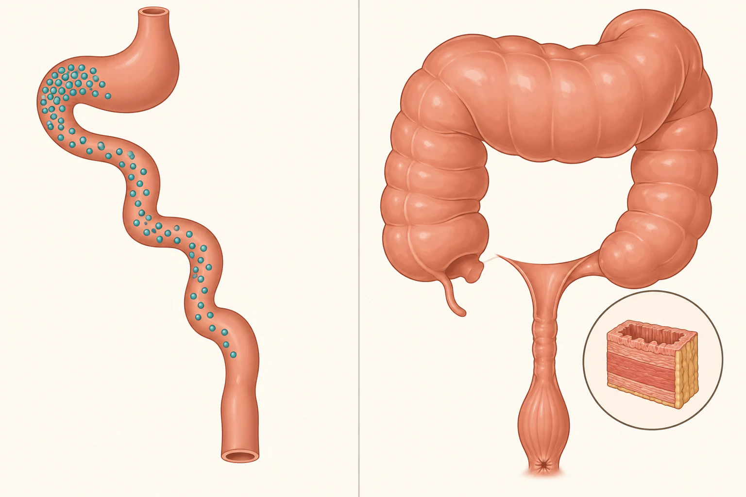 Esquema em dois painéis: à esquerda, a migração craniocaudal dos neurônios entéricos que se interrompe antes de alcançar o segmento mais distal do intestino; à direita, o cólon do recém-nascido com três zonas — o segmento distal estreito e contraído, o funil da zona de transição e o cólon proximal muito dilatado —, com um pequeno fragmento de parede retal retirado logo acima do ânus.