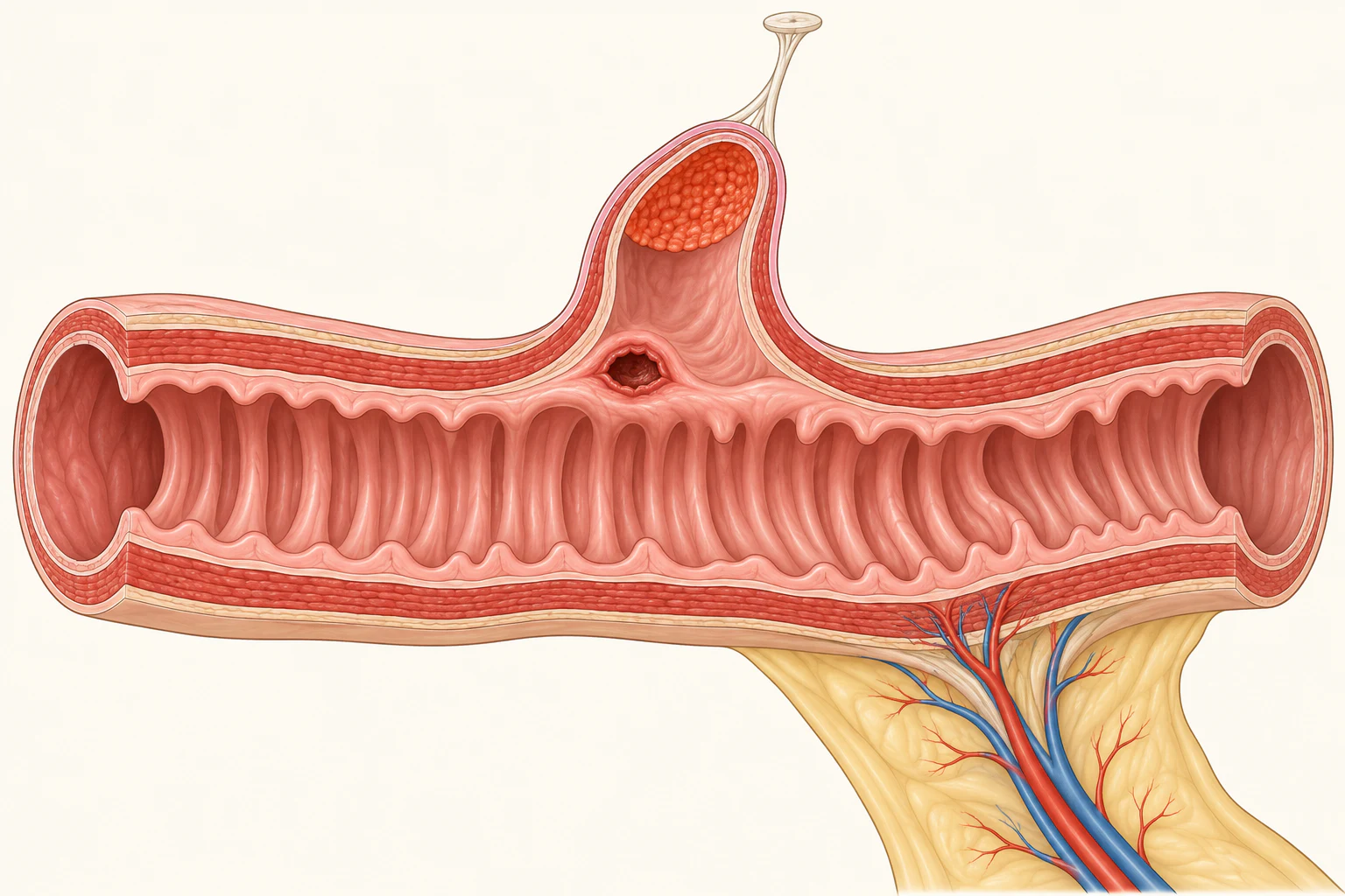 Divertículo de Meckel na borda antimesentérica do íleo, com mucosa gástrica ectópica e ulceração da mucosa ileal adjacente.