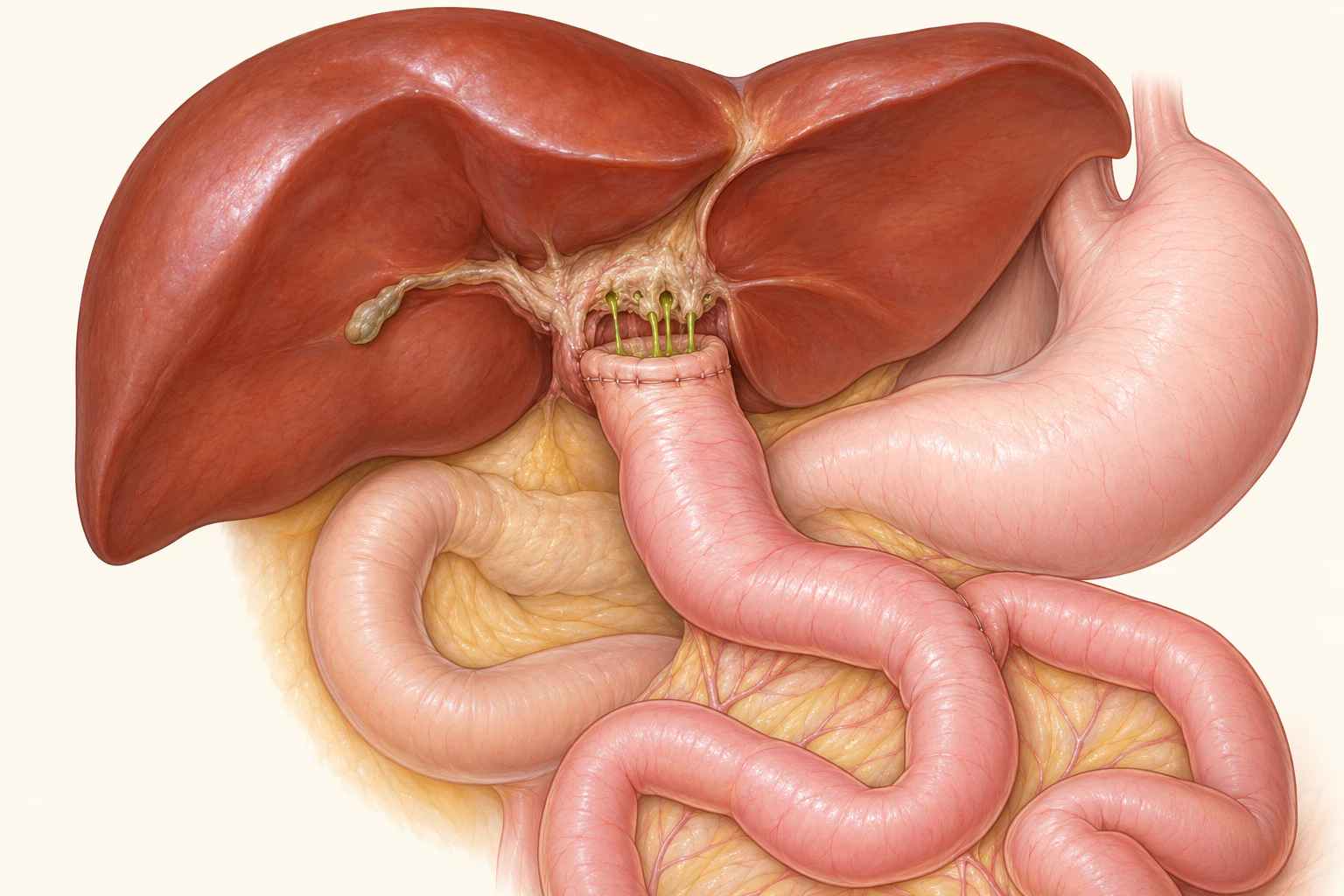 Esquema da portoenterostomia de Kasai: alça intestinal em Y de Roux anastomosada à placa portal após remoção do remanescente biliar obliterado.