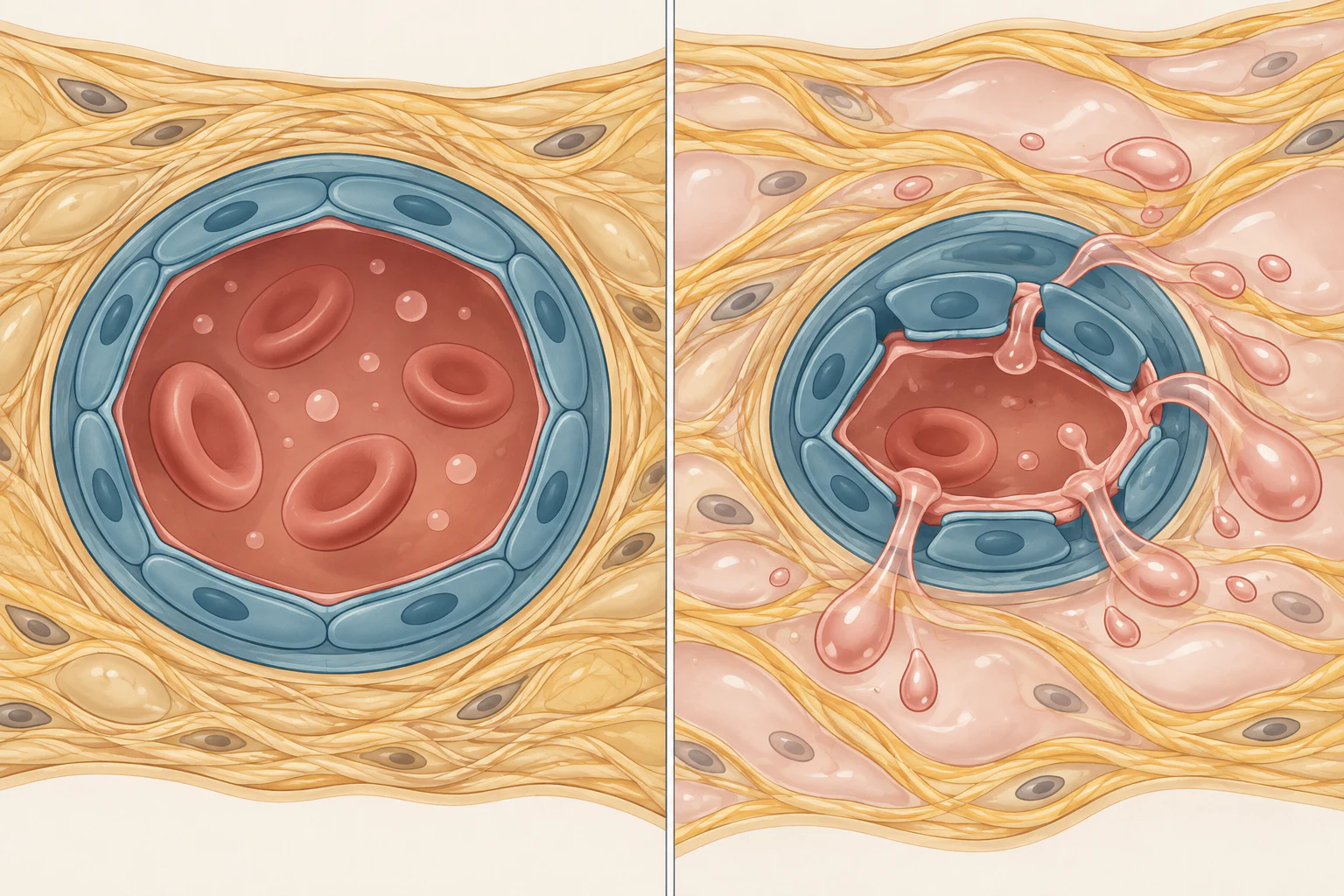 Dois painéis do mesmo capilar: à esquerda, parede endotelial contínua e tecido ao redor compacto; à direita, aberturas entre as células endoteliais deixando o plasma escapar para o interstício, que aparece expandido e encharcado, com a luz do vaso mais estreita.