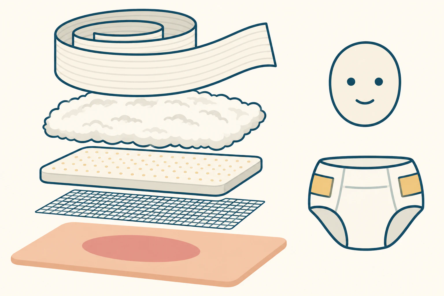 Corte esquemático em camadas separadas: leito da ferida embaixo, sobre ele uma malha fina, depois gaze absorvente, depois algodão volumoso e, no topo, a atadura enrolada; ao lado, um destaque mostrando face e períneo tratados sem oclusão.