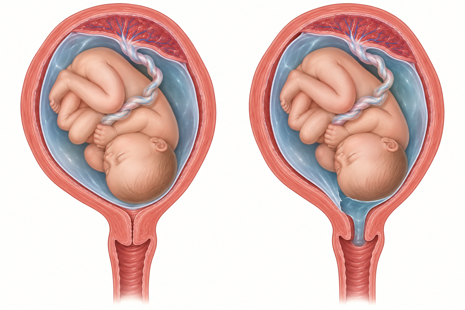 Dois cortes uterinos ilustrativos: membranas íntegras e colo fechado à esquerda; ruptura inferior das membranas e abertura cervical à direita.