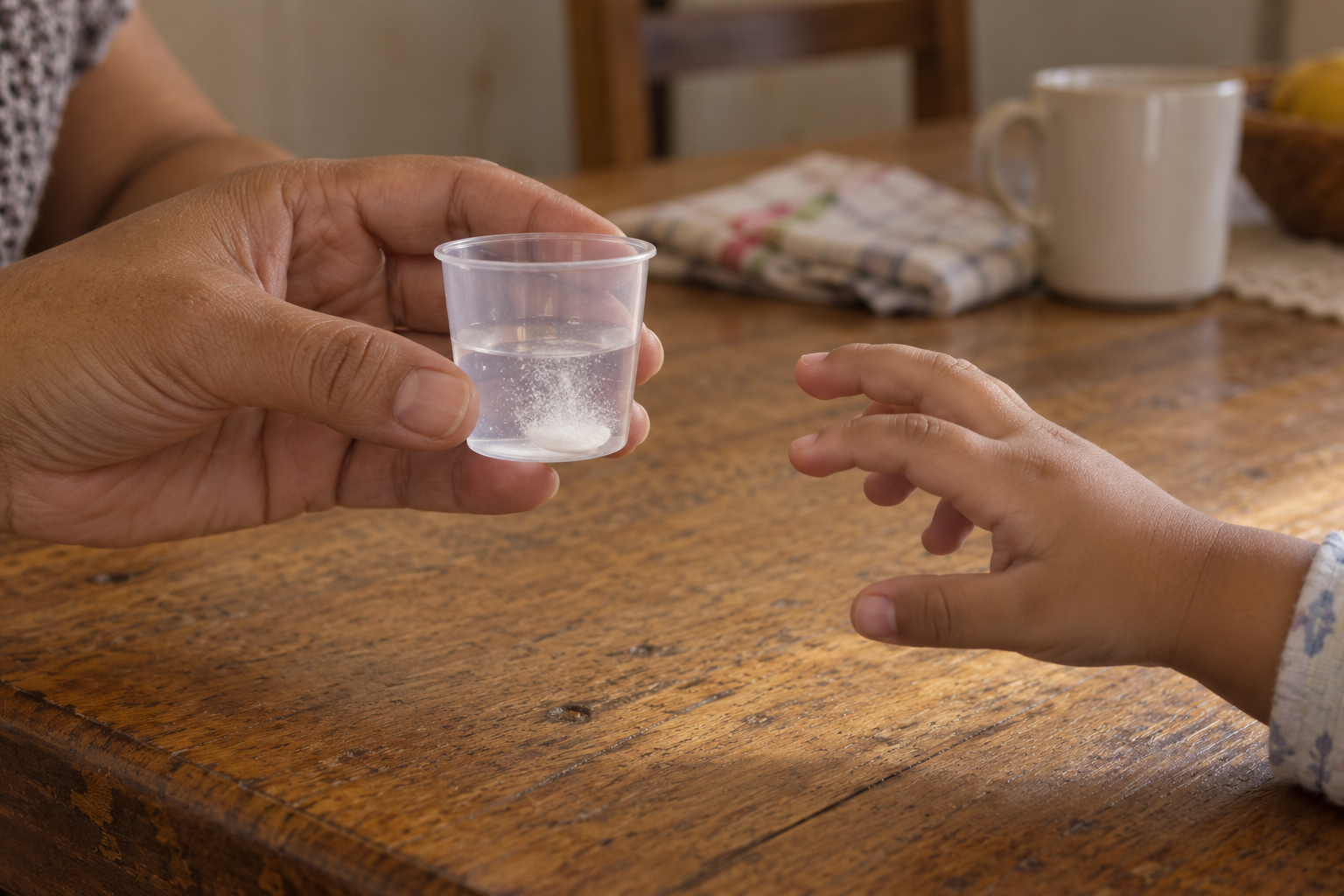 Mão de uma mulher segurando um copinho de água em que um comprimido branco se dissolve, enquanto a mão de uma criança pequena se estica em direção ao copo, sobre uma mesa de cozinha.