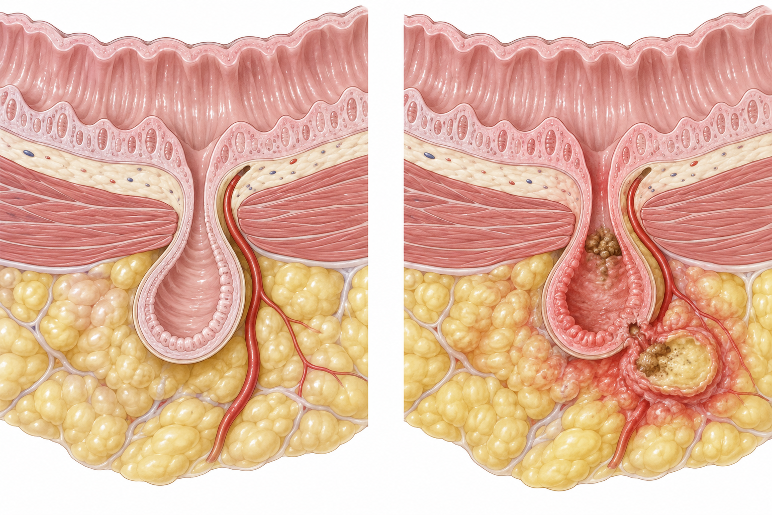 Parede colônica com divertículo sem muscular própria na bolsa e, ao lado, divertículo inflamado com coleção pericólica contida.