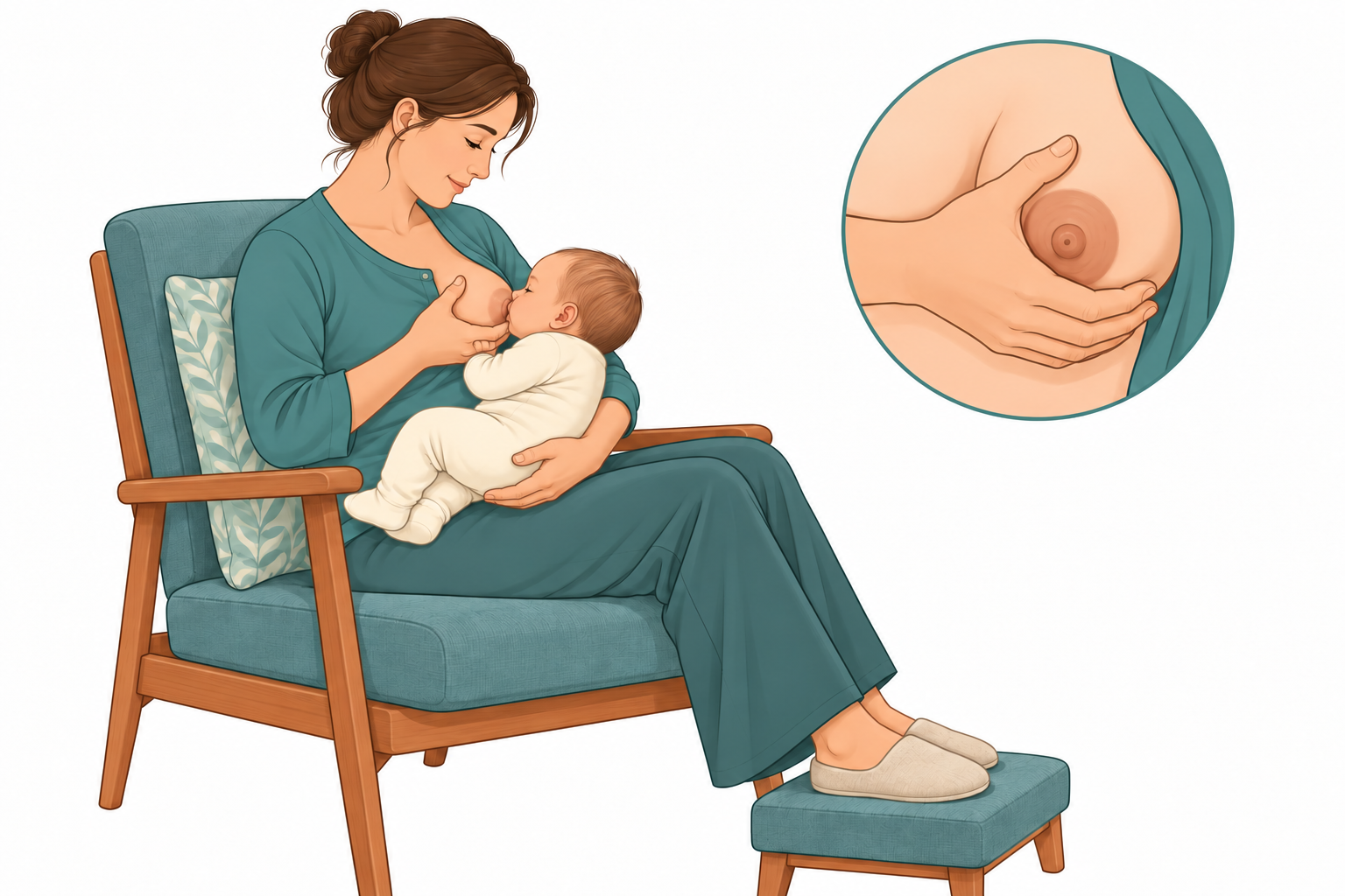 Mulher sentada amamentando, com costas e pés apoiados, bebê próximo ao corpo e sustentado pelos braços; um detalhe mostra a mão em C apoiando a mama.