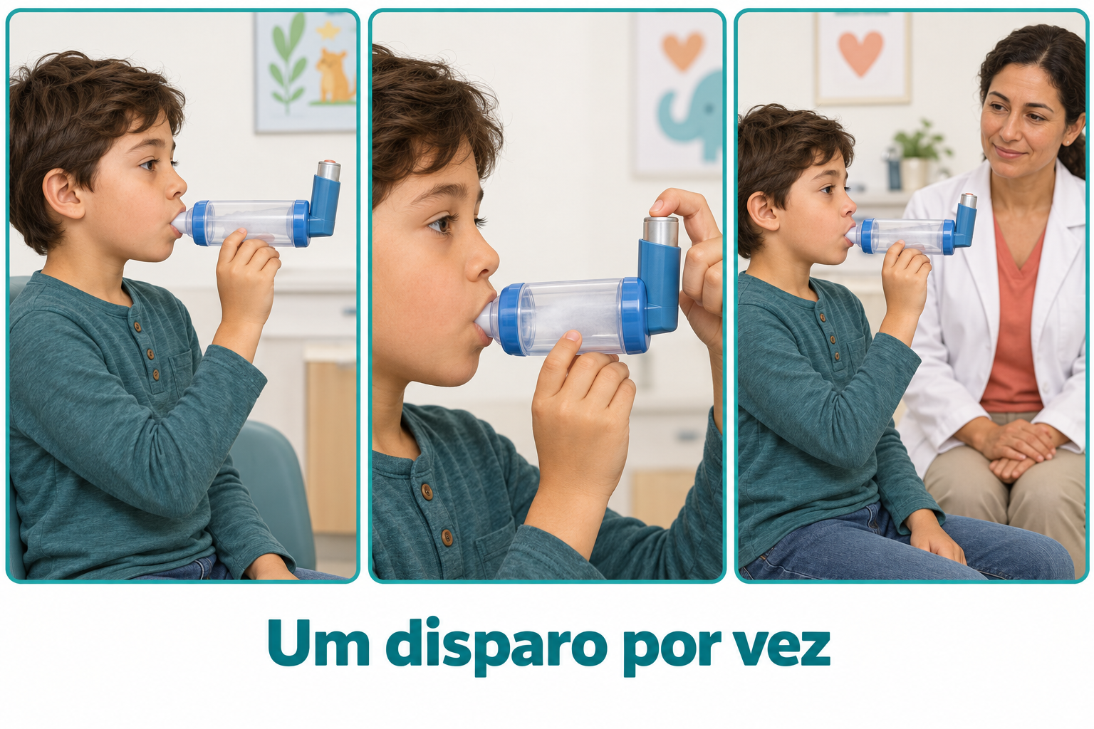Três cenas da mesma criança com aerossol e espaçador: vedação dos lábios, acionamento de um disparo e uso observado pela profissional. Abaixo, a frase Um disparo por vez.