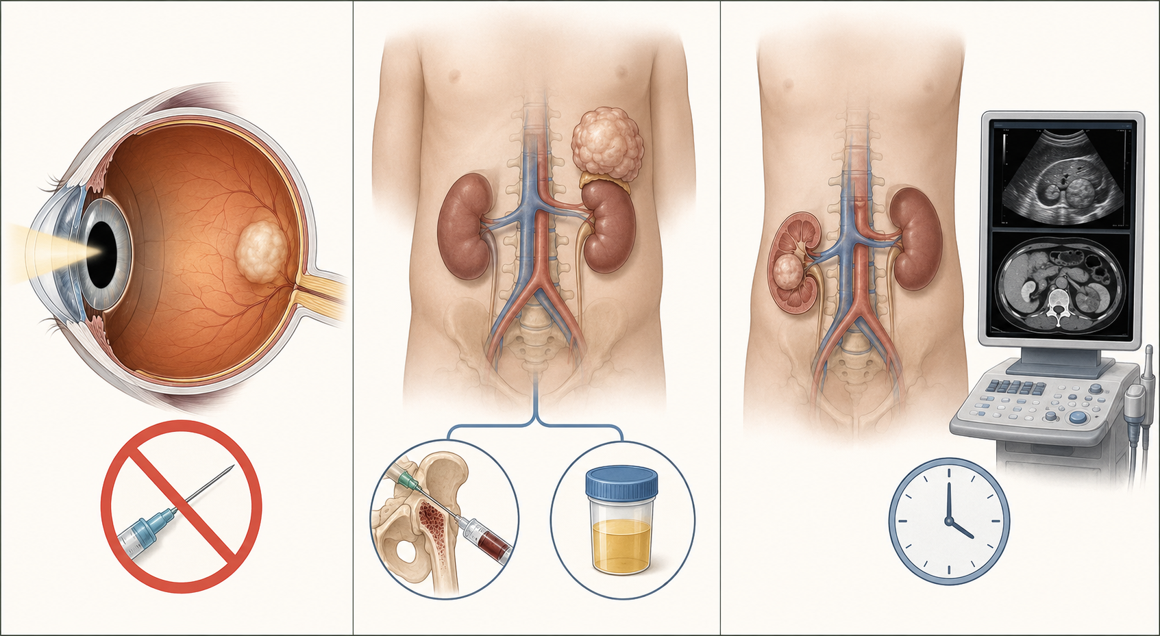 Três painéis diagnósticos: lesão retiniana examinada com luz e biópsia intraocular proibida; massa suprarrenal com aspirado de medula e coleta de urina; massa renal avaliada por imagem