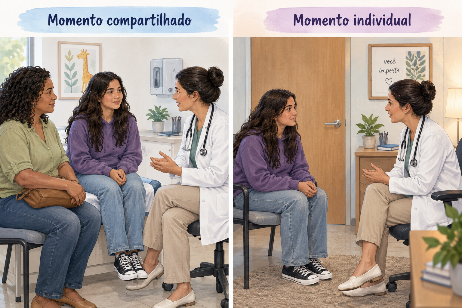 Adolescente participa de uma consulta com momento compartilhado e momento individual.