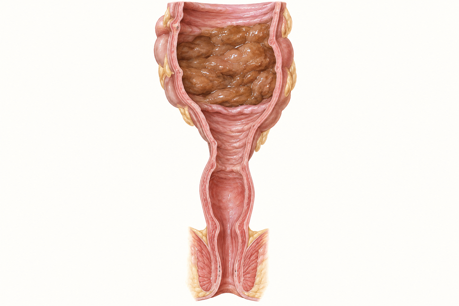 Ilustração de cólon com segmento proximal dilatado e transição para reto distal mais estreito, mantendo o canal anal aberto.