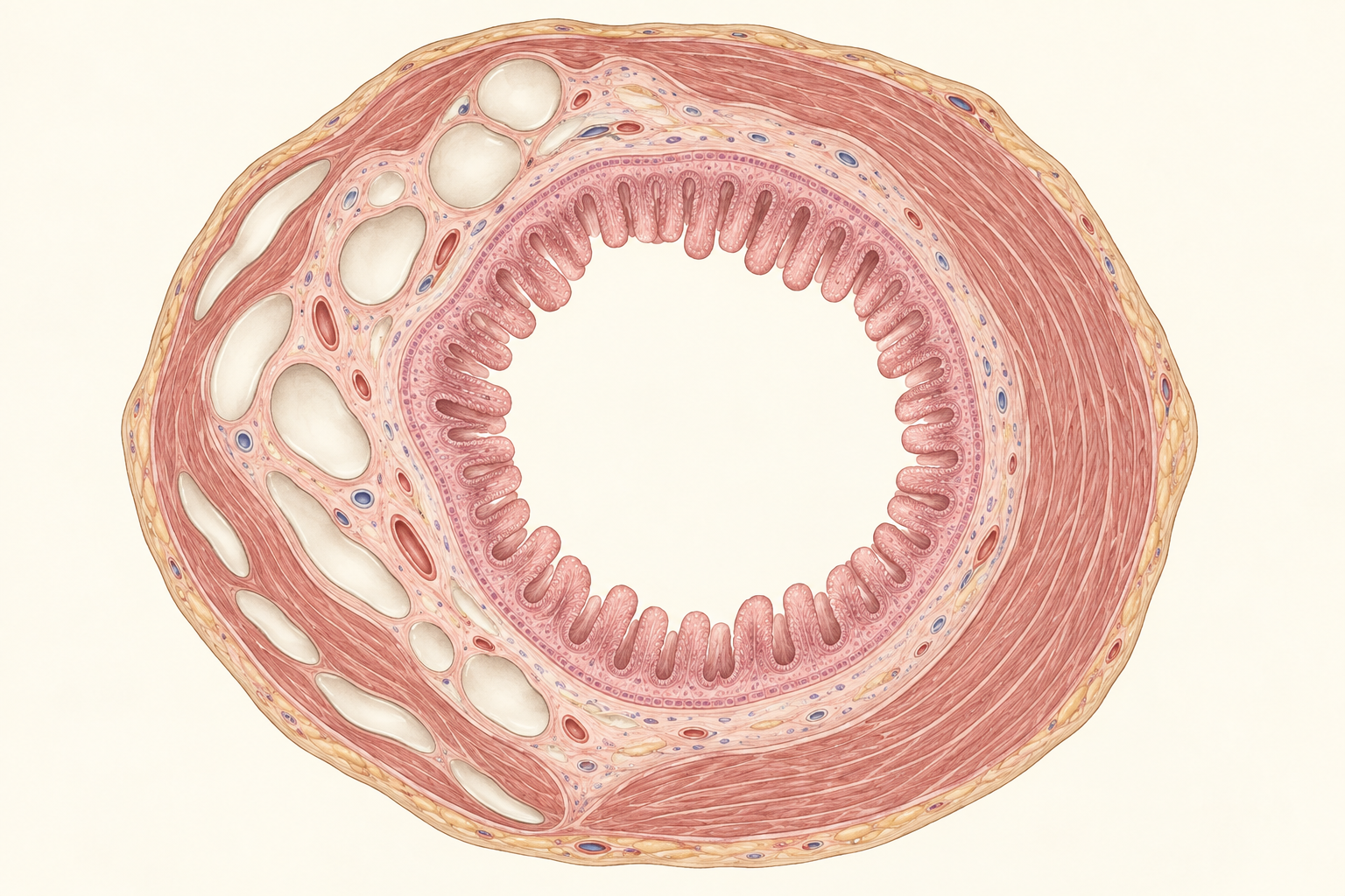 Ilustração de um segmento intestinal em corte transversal com pequenas cavidades gasosas na parede, distintas da luz central.