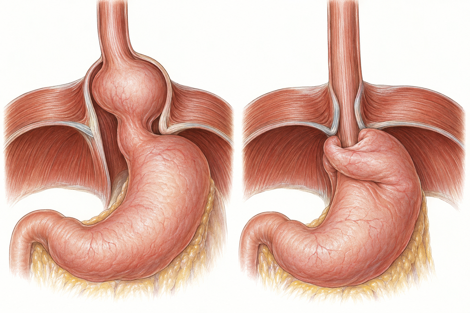Ilustração comparativa de junção esofagogástrica herniada acima do diafragma e reconstrução com redução da hérnia e fundo gástrico envolvendo o esôfago distal.
