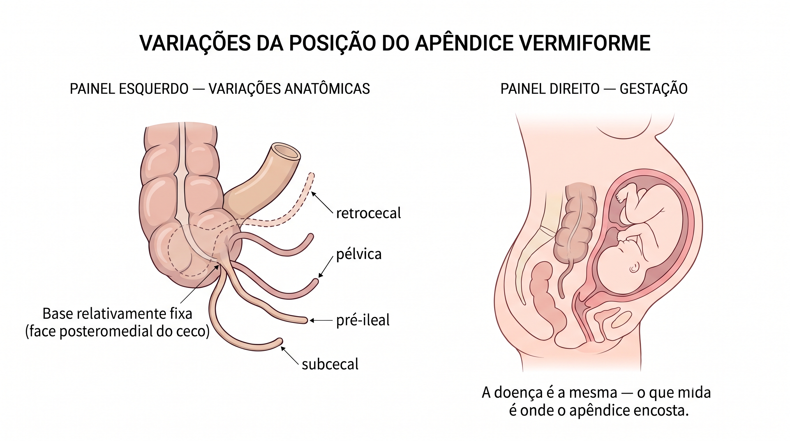 Posições alternativas da ponta do apêndice e esquema de deslocamento dos órgãos durante a gestação.