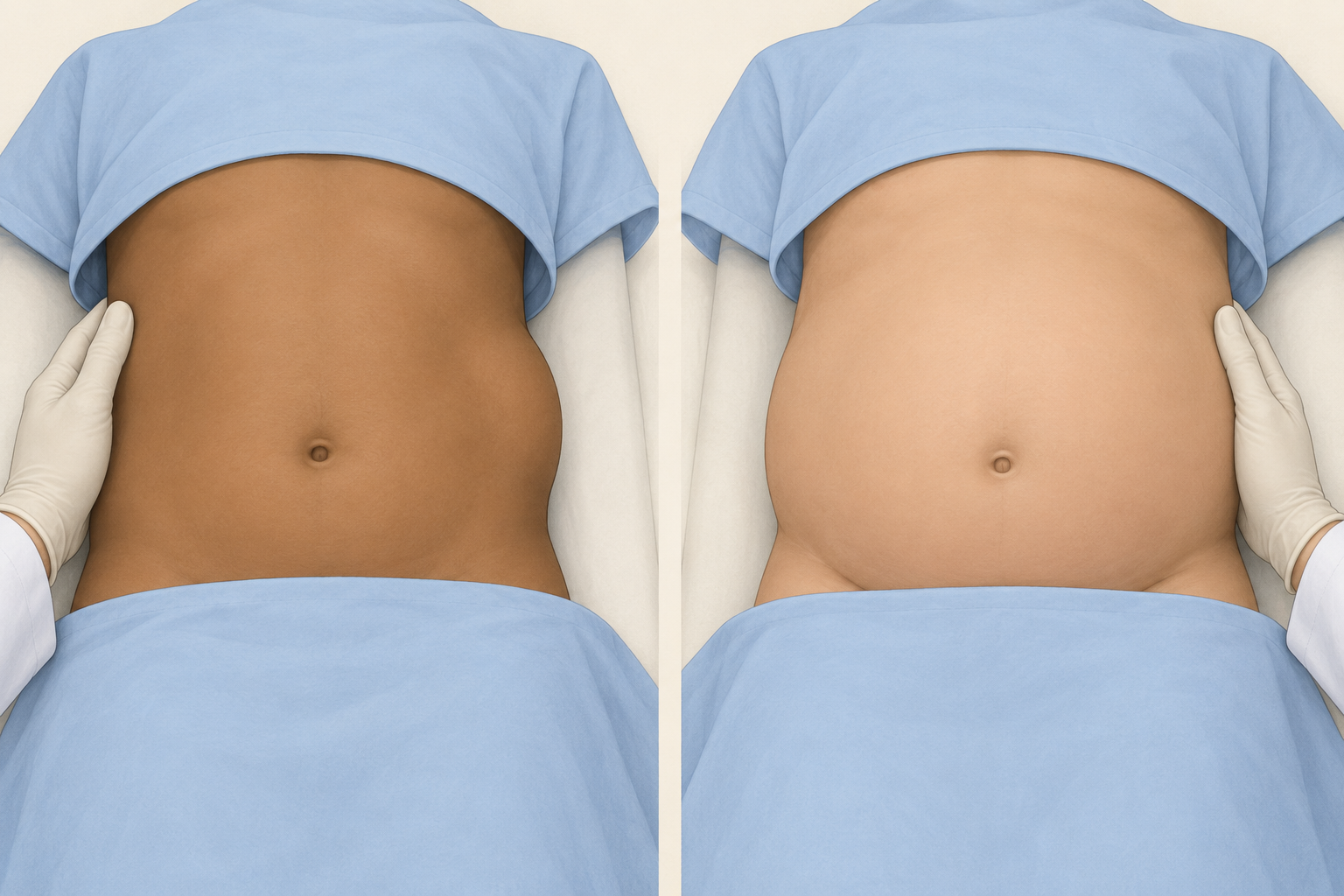 Prancha de exame abdominal em dois modelos didáticos: assimetria de flanco à esquerda da imagem e distensão difusa à direita; mãos apoiadas suavemente.