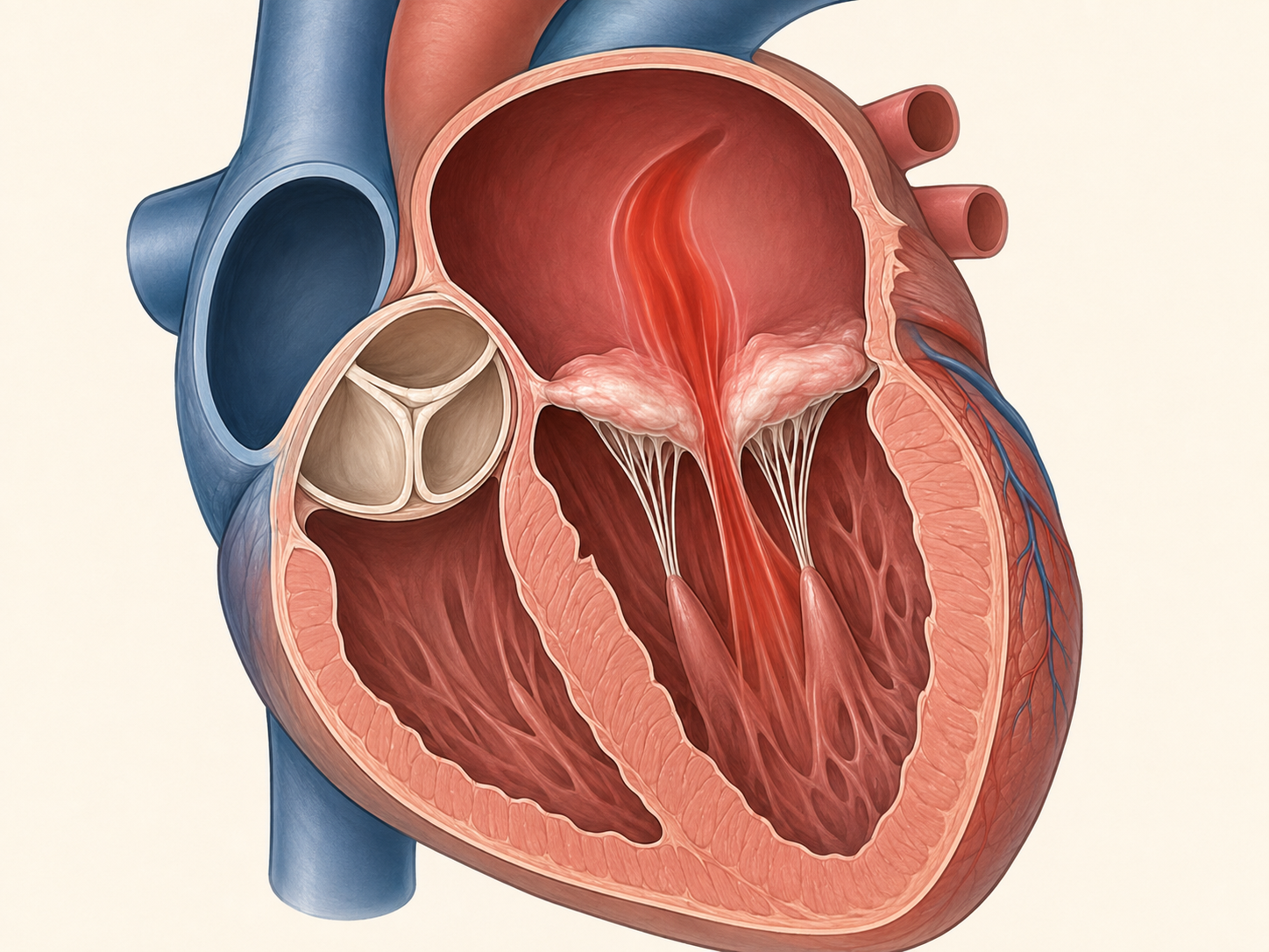 Corte anatômico do coração mostrando valvulite mitral reumática aguda com jato de regurgitação do ventrículo para o átrio esquerdo