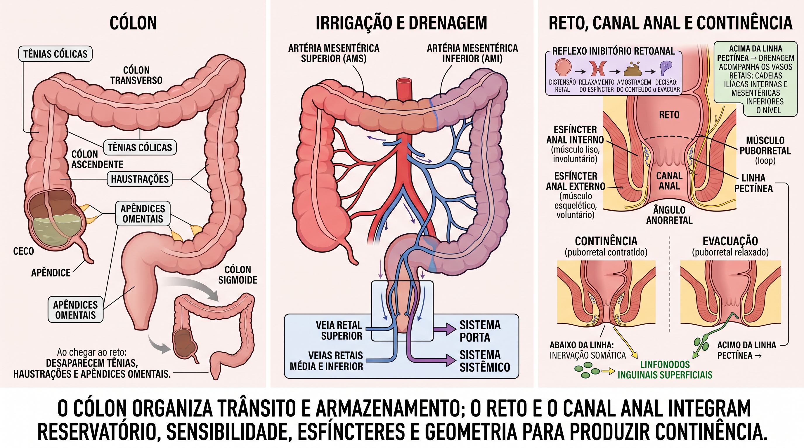 Infográfico anatômico do intestino grosso, reto e canal anal, mostrando tênias cólicas, haustrações e apêndices omentais do cólon, irrigação pelas artérias mesentéricas superior e inferior, drenagem venosa retal para os sistemas porta e sistêmico, além dos esfíncteres anais, músculo puborretal, ângulo anorretal e drenagem linfática em relação à linha pectínea.