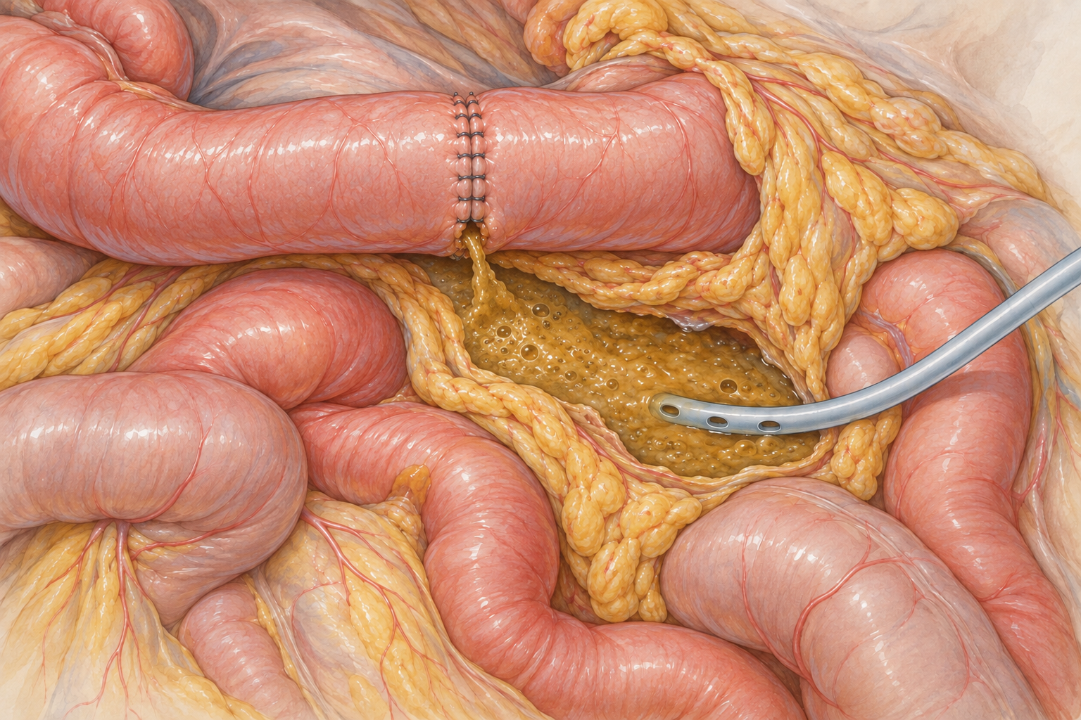 Ilustração de alça intestinal com pequena falha na linha de anastomose, vazamento para coleção extraluminal e ponta de dreno na coleção.