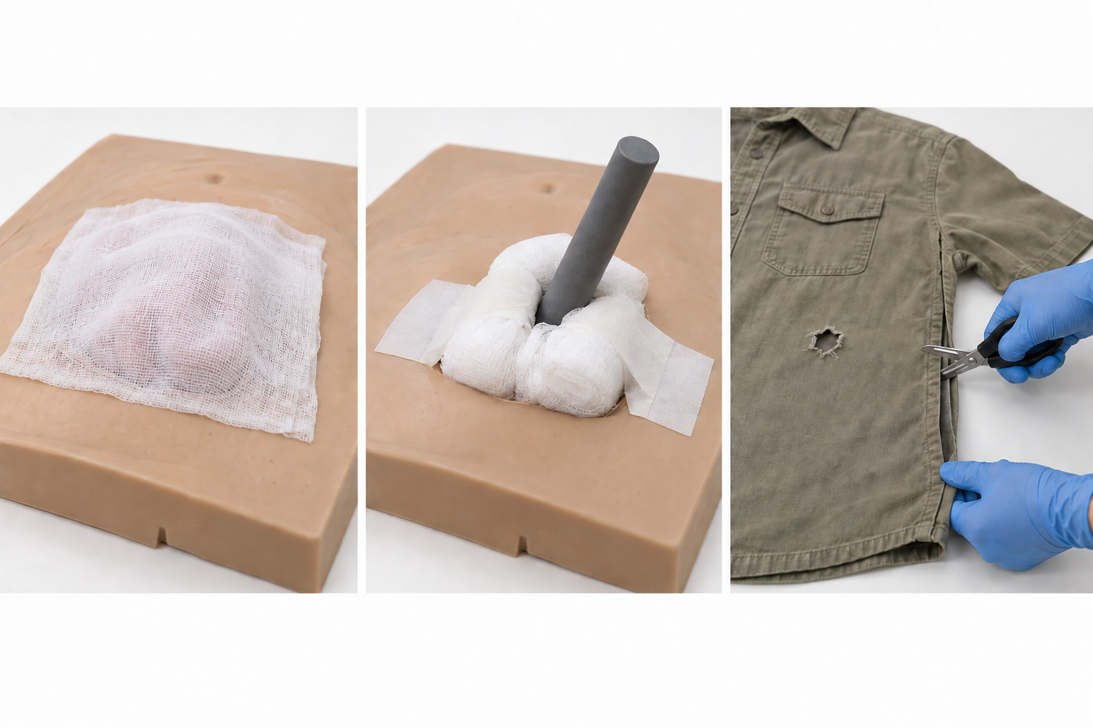 Três cenas de simulação: evisceração completamente coberta por gaze, objeto mantido e estabilizado por gazes laterais e corte de roupa pela costura longe do orifício.